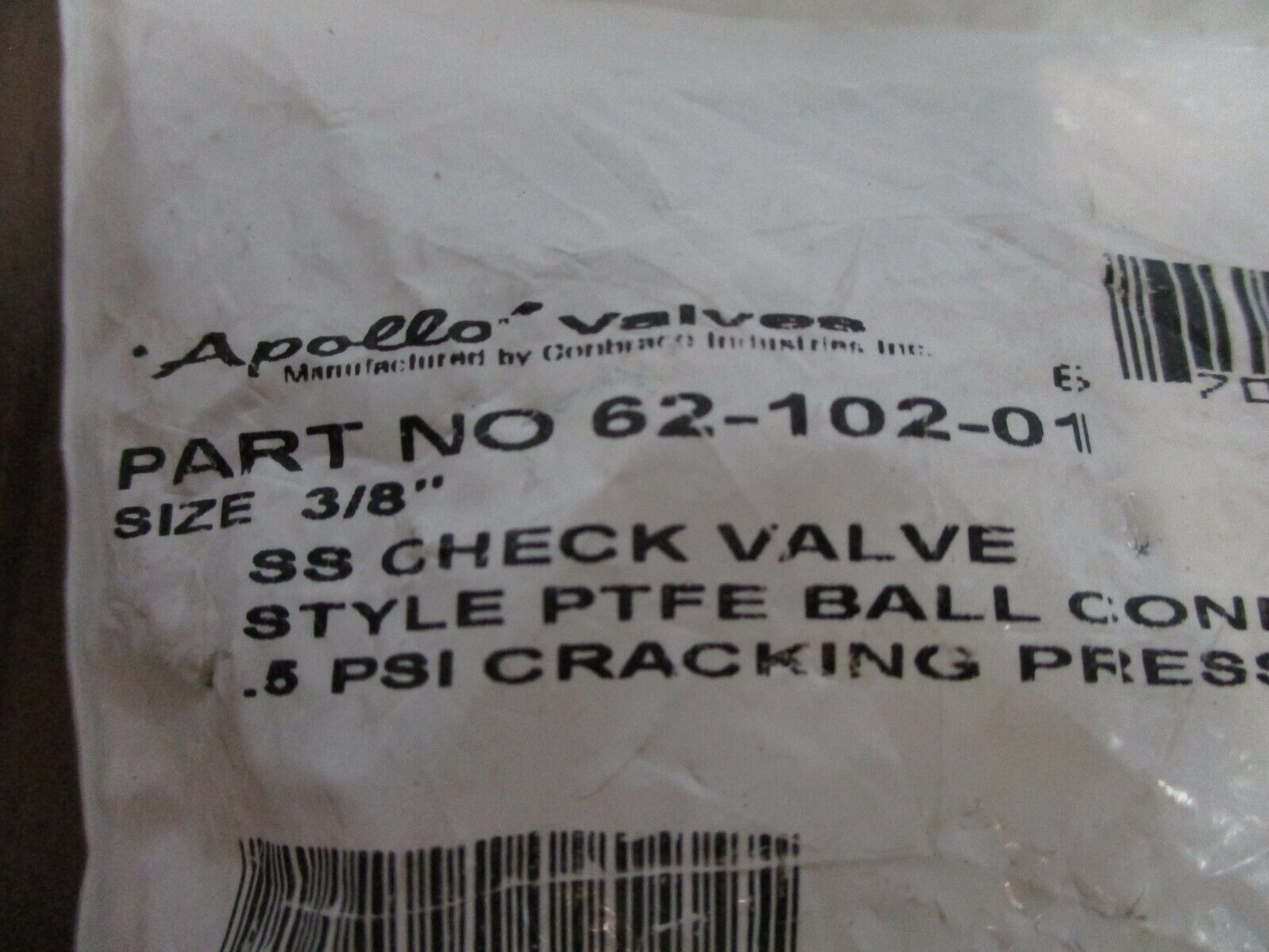 Apollo Stainless Steel Check Valve 62-102-01 Size: 3/8" Style PTFE Ball Cone