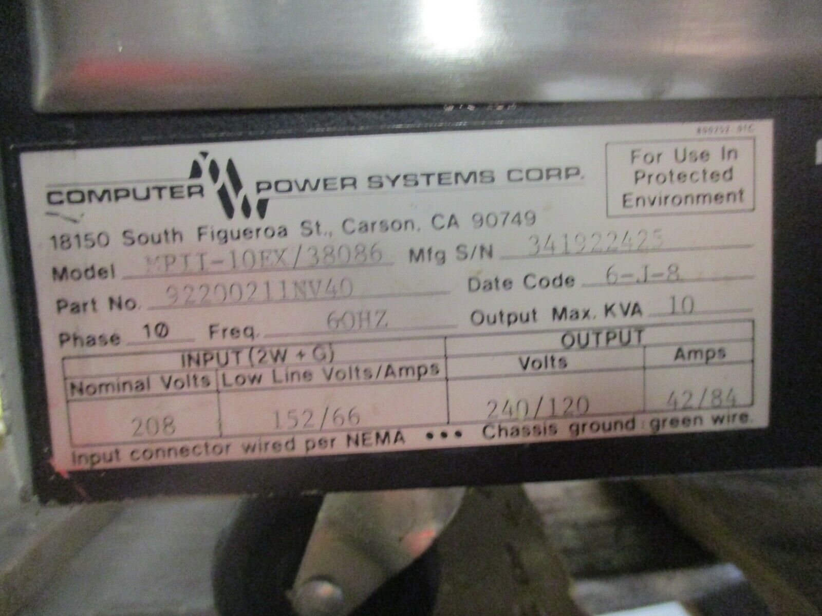 Computer Power Systems Corp. MPII-10EX/38086 Power Supply 92200211NV40 10KVA