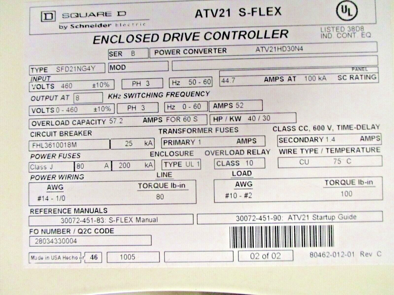 Square D ATV21 S-Flex AC Drive w/ Bypass ATV21HD30N4 40HP 3Ph Used