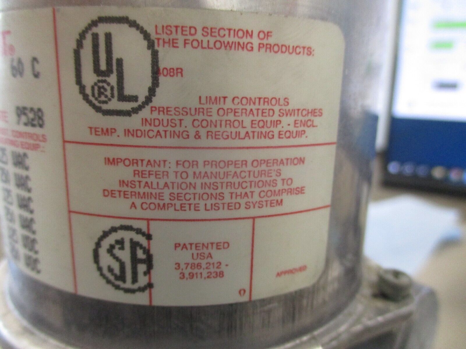 ASCO Tri Point Pressure Switch W/Level Control SC20D/TB0511 Flow: 1-1.5 S.C.F.H.