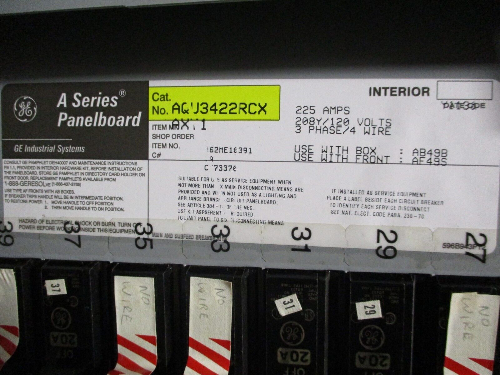 GE Main Breaker Circuit Breaker Panel AQU3422RCX 225A Max 250A Main 208/120V 3Ph