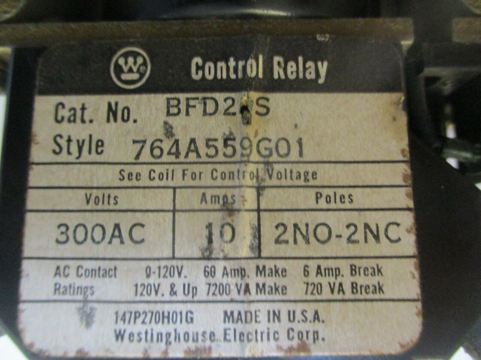 Westinghouse Control Relay BFD22S 120VDC Coil 10A 300A Used