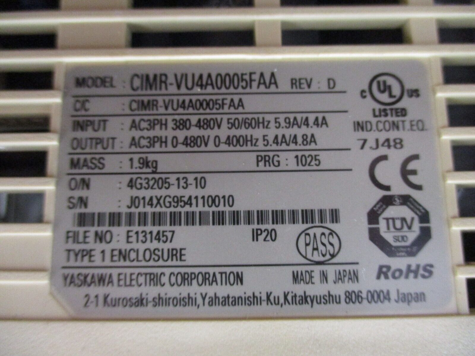 Yaskawa V1000 AC Drive CIMR-VU4A0005FAA Rev. D 3HP 3Ph Used
