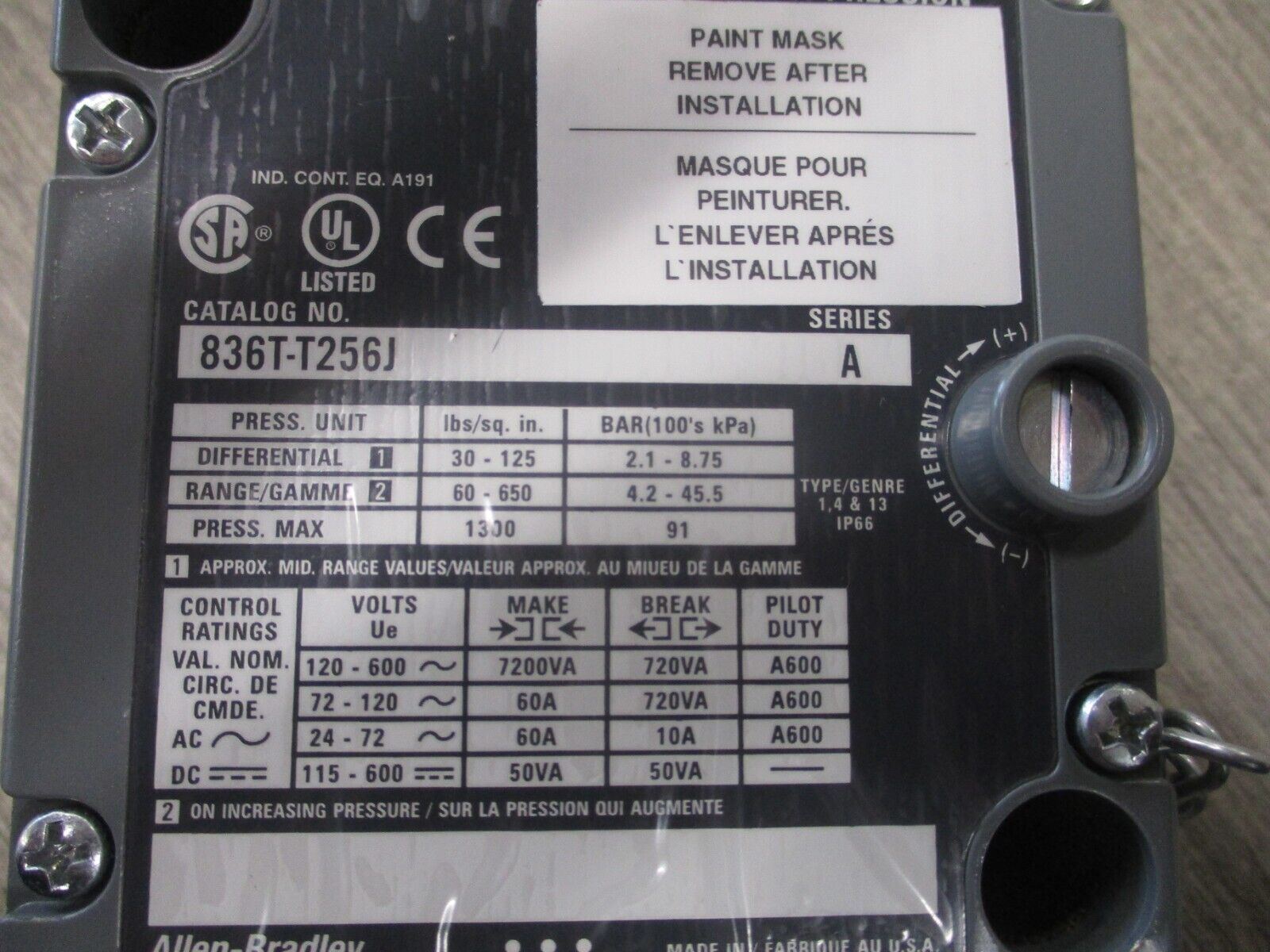 Allen-Bradley Pressure Control 836T-T256J Ser. A Adj. : 60-650 PSI New Surplus