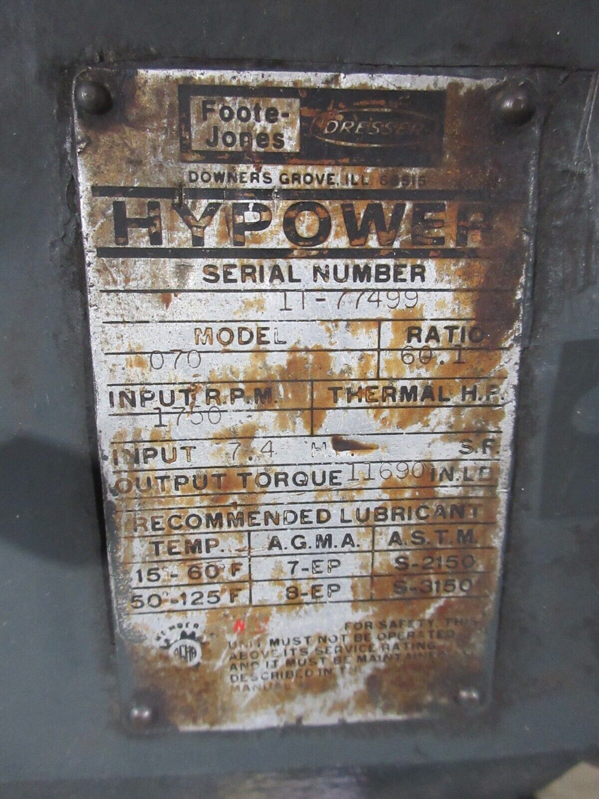 Foote-Jones Hypower Wormgear Drive 070 7.4HP 60.1 Ratio 1750RPM Used