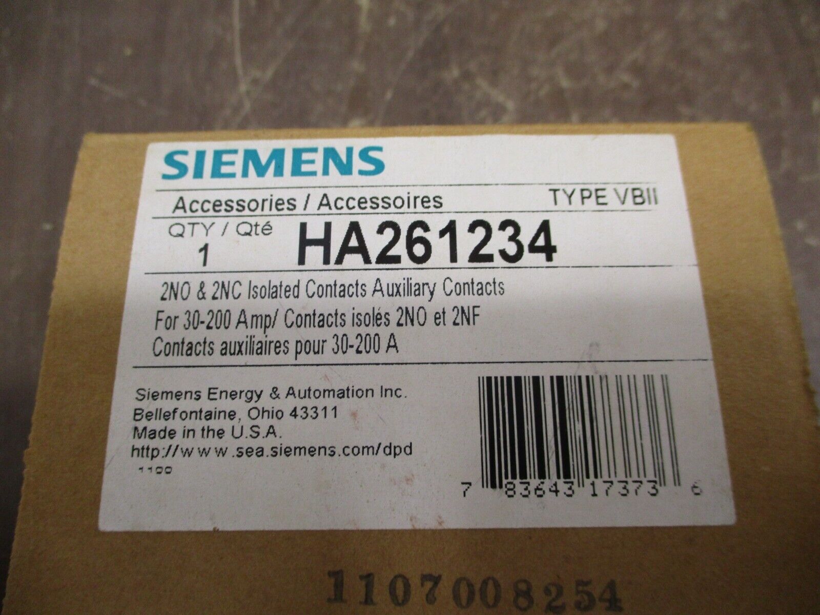 Siemens Auxiliary Switch HA261234 2 N.O.   2 N.C. 30-200A New Surplus