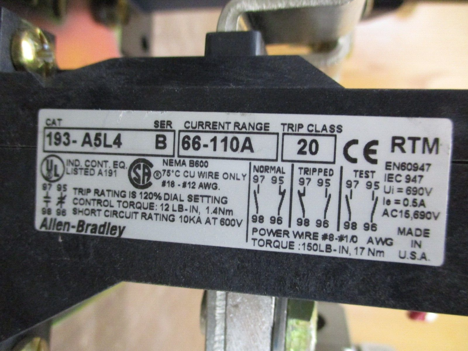 Allen-Bradley Starter 100-B110N*3 / 193-A5L4 120V Coil Trip: 66-110A 600V Used