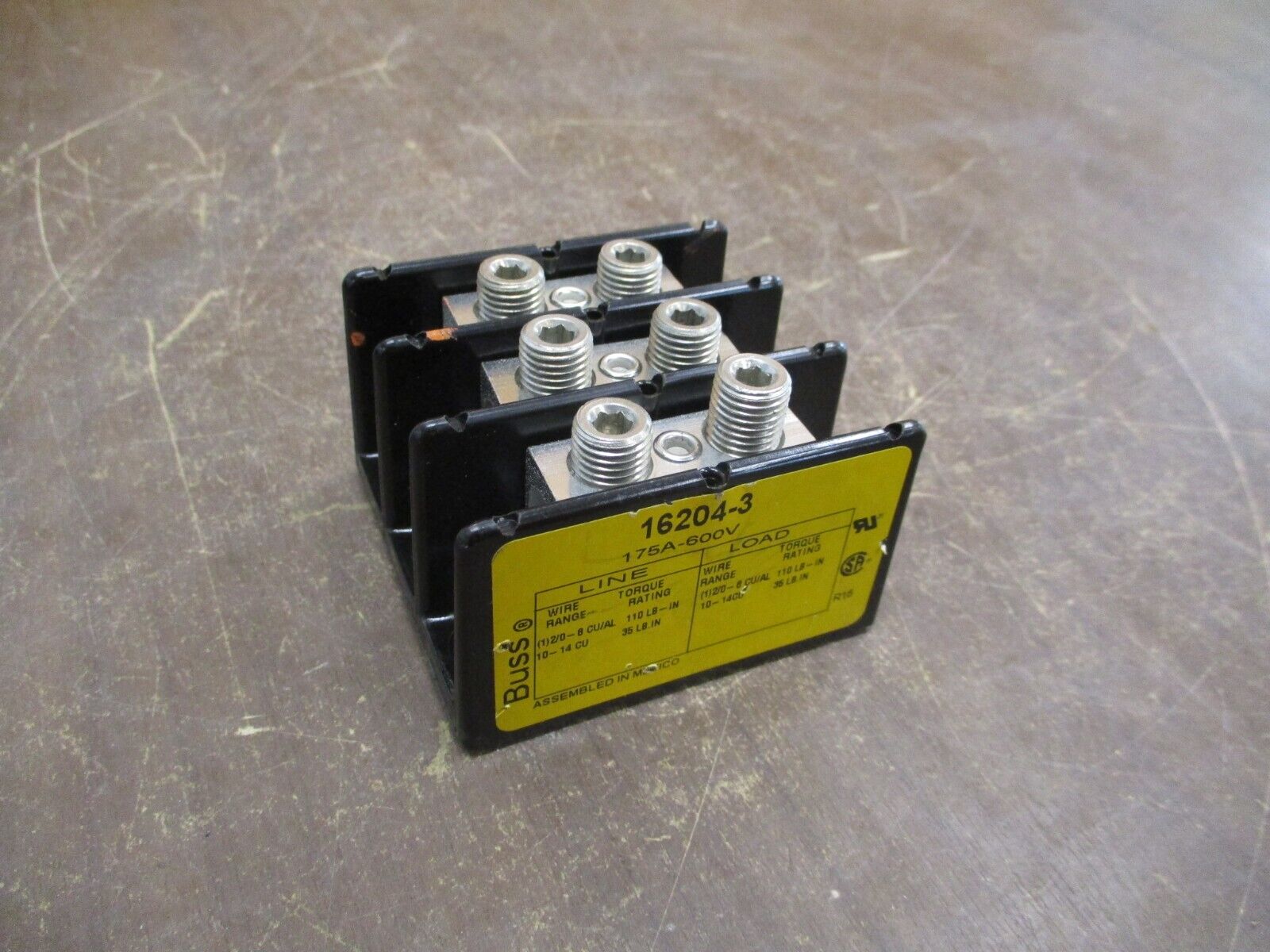 Buss Power Distribution Block 16204-3 175A 600V 3P Line (1): 2/0-8, 10-14 Used