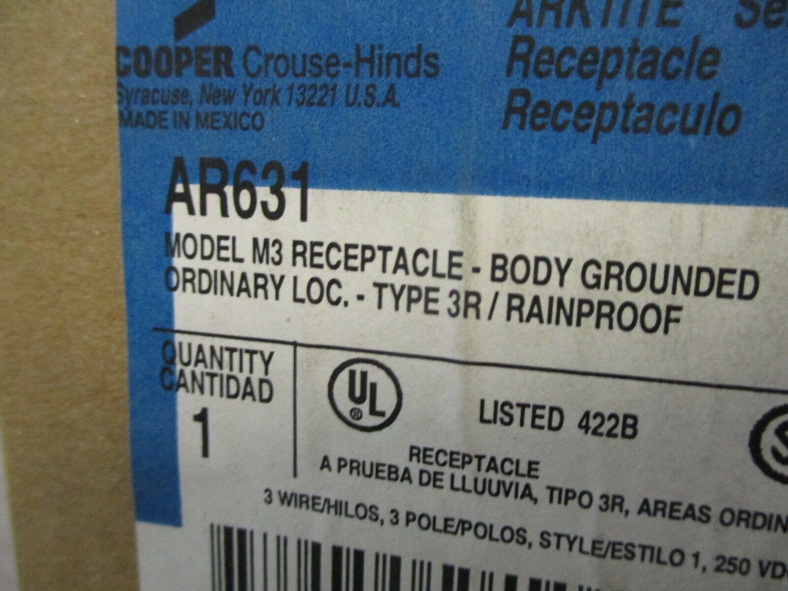 Cooper Crouse-Hinds Arktite 3R Receptacle AR631 60A 600V 3P 3W New Surplus