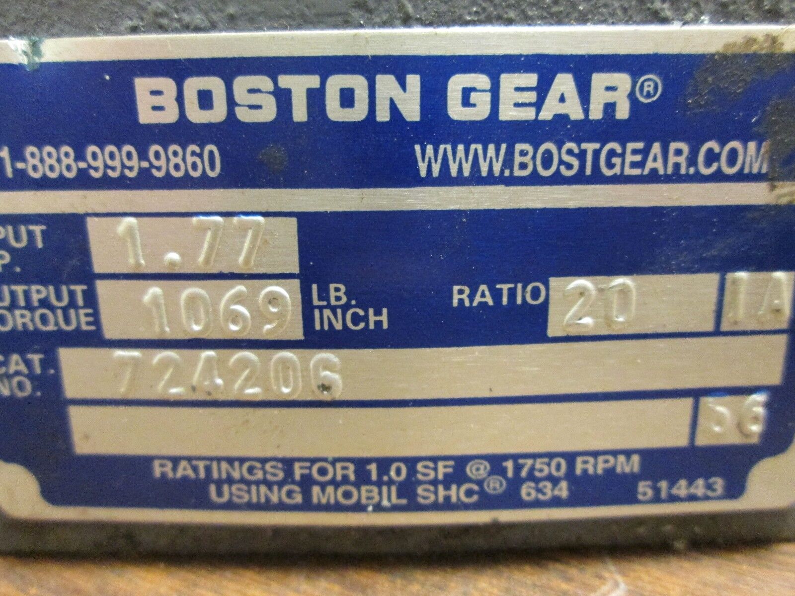 Boston Gear Reducer 72420G Ratio 20:1 1.77 HP IN 1069 LB-IN Torque Out