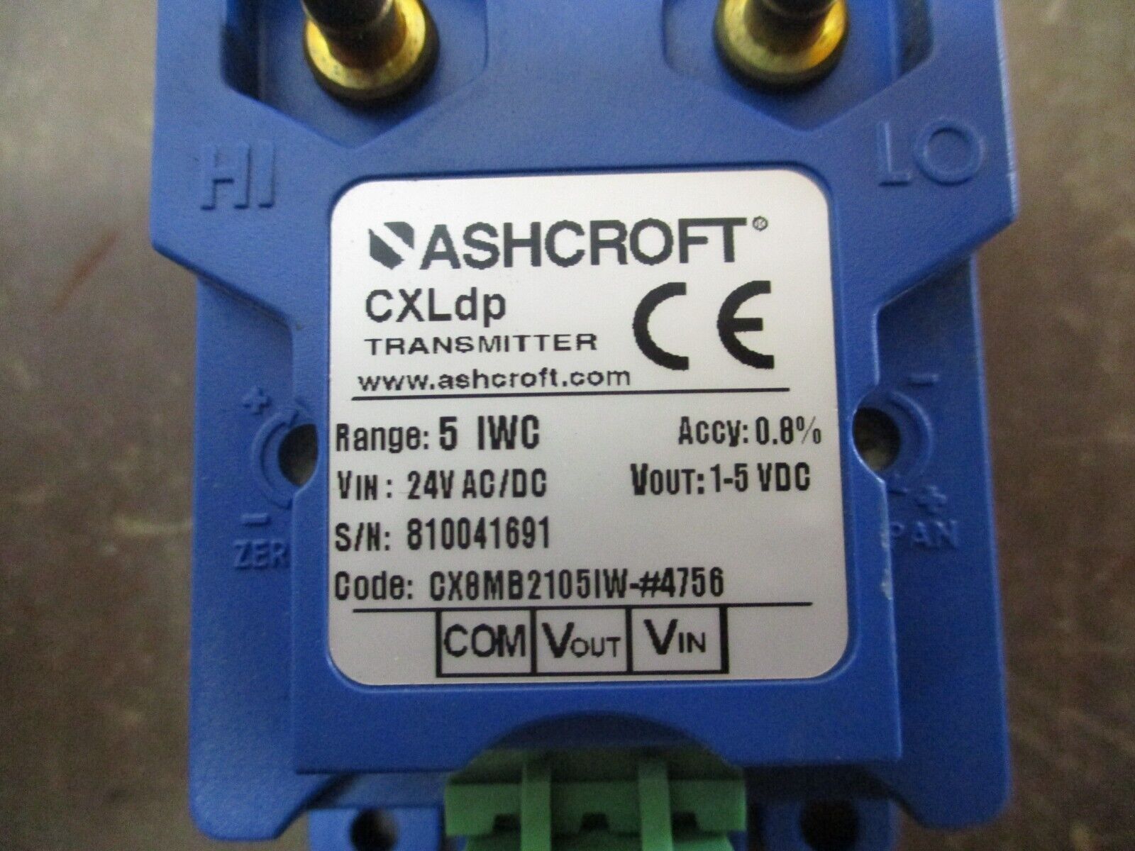 Ashcroft Differential Pressure Transmitter CXLdp Range: IWC Input: 24VAC/DC Used