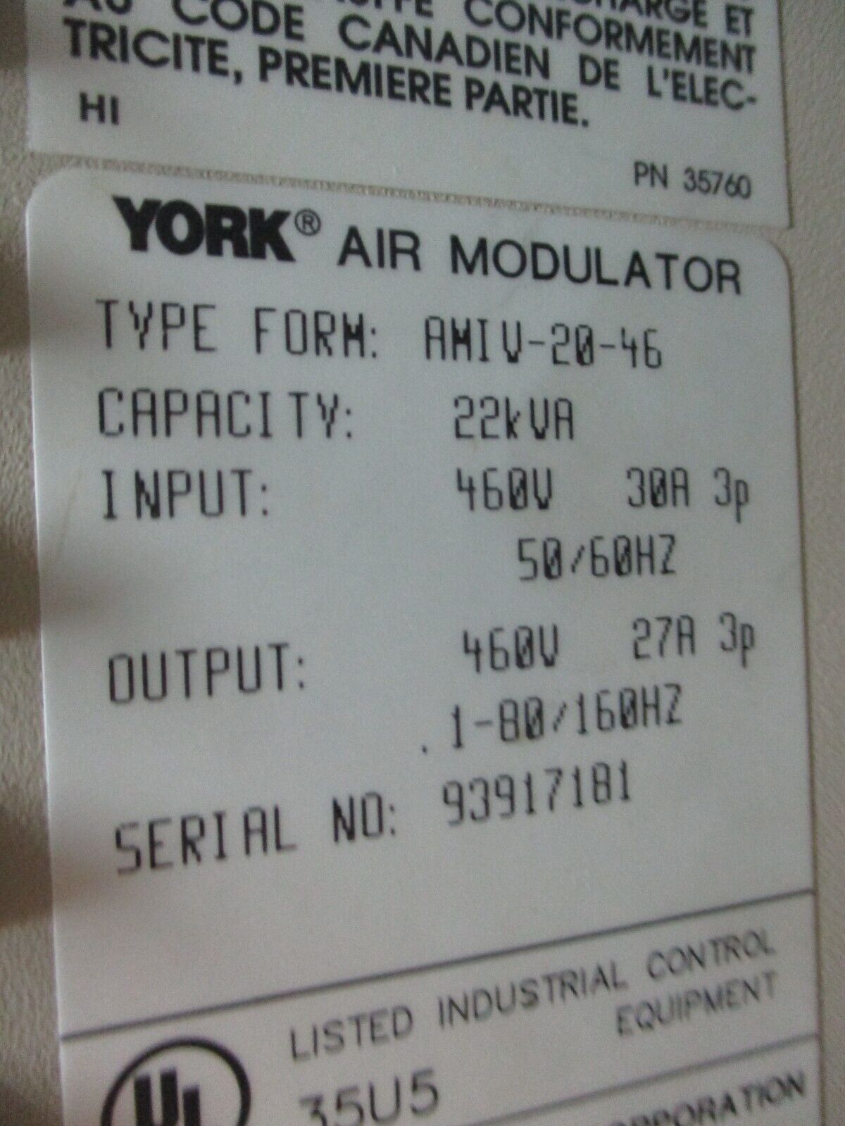 York Air Modulator AMIV-20-46 22kVA 3Ph Input: 460V 30A 3P 50/60Hz Used