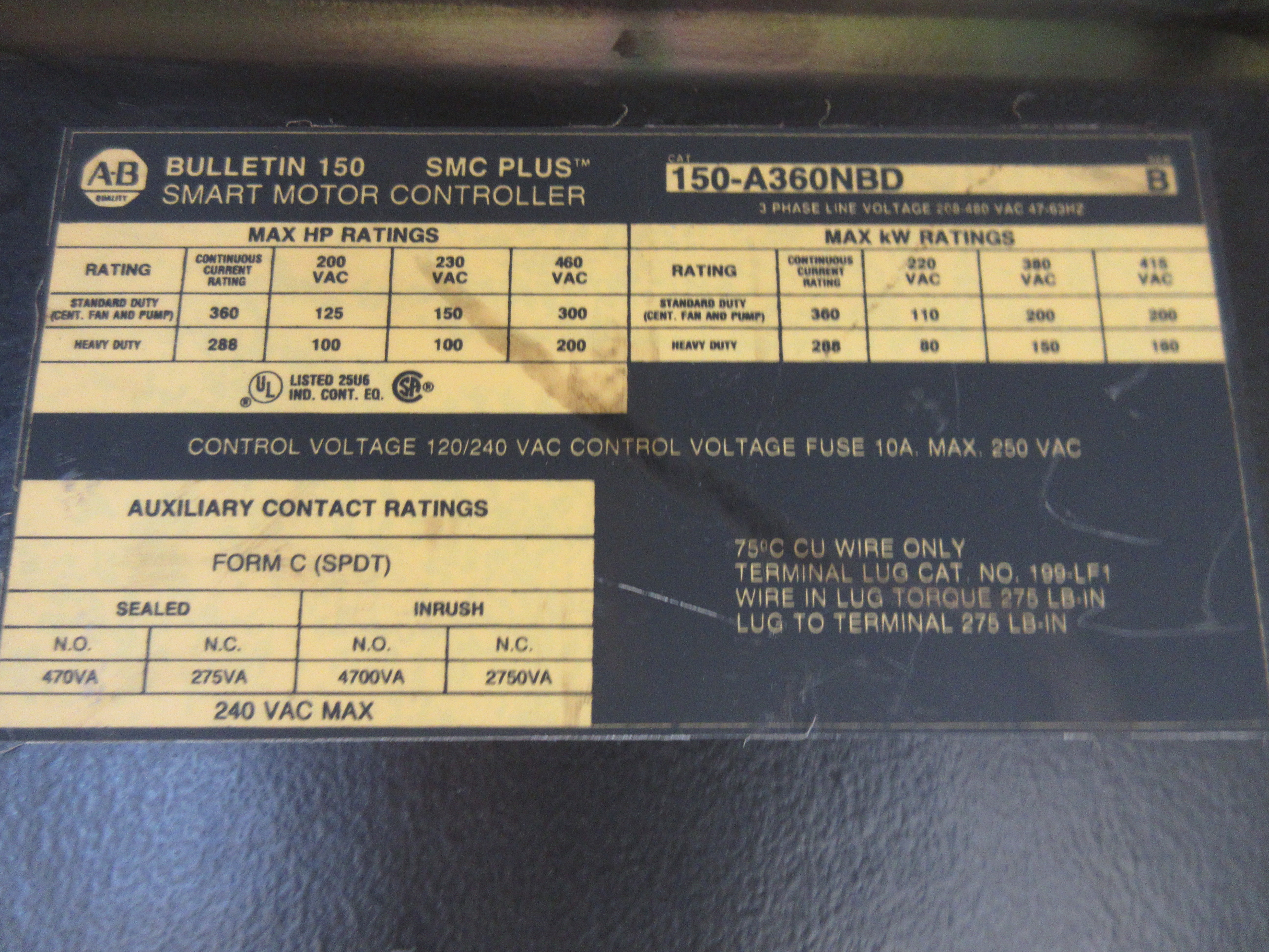 Allen-Bradley SMC Plus Soft Start 150-A360NBD Ser. B 300HP 208-480V 3Ph 47-63Hz