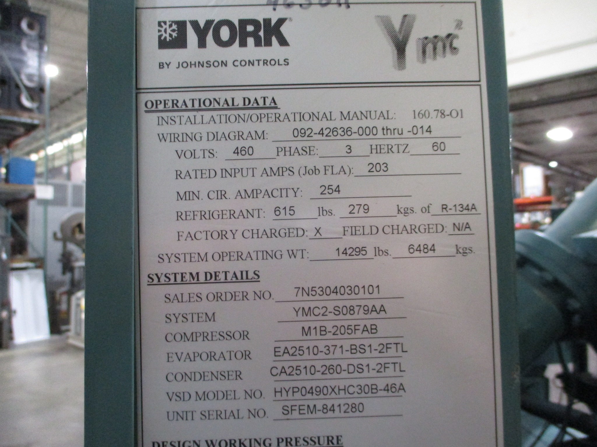 York YMC2 Water Cooled Chiller YMC2-S0879AA 250 ton 460V 3Ph R-134A 17,433 Opera
