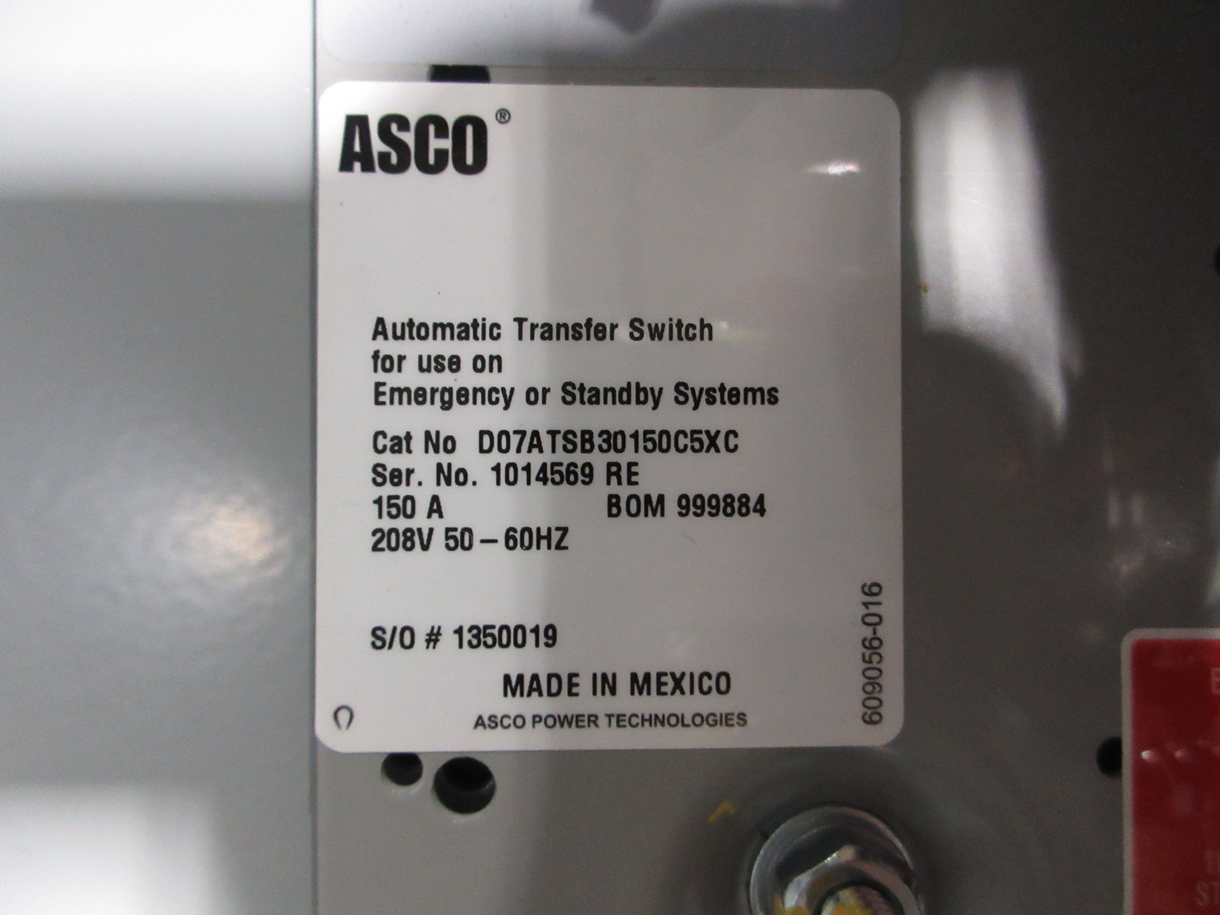 Emerson ASCO 7000 Series Automatic Transfer Switch D07ATSB30150C5XC 150A 208V
