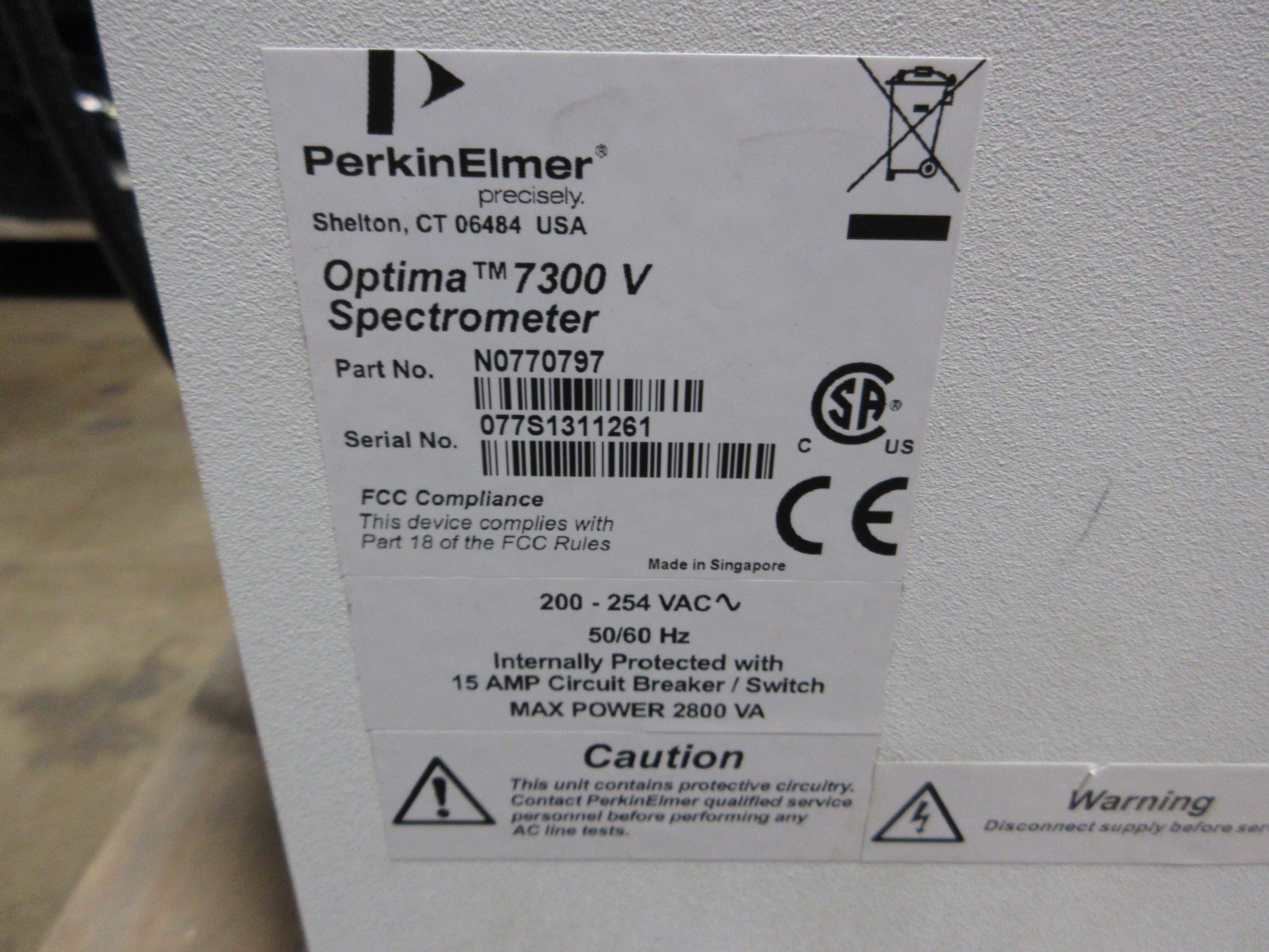 Perkin Elmer Optima 7300V Spectometer N0770797 200-254VAC 50/60Hz 2800VA Used