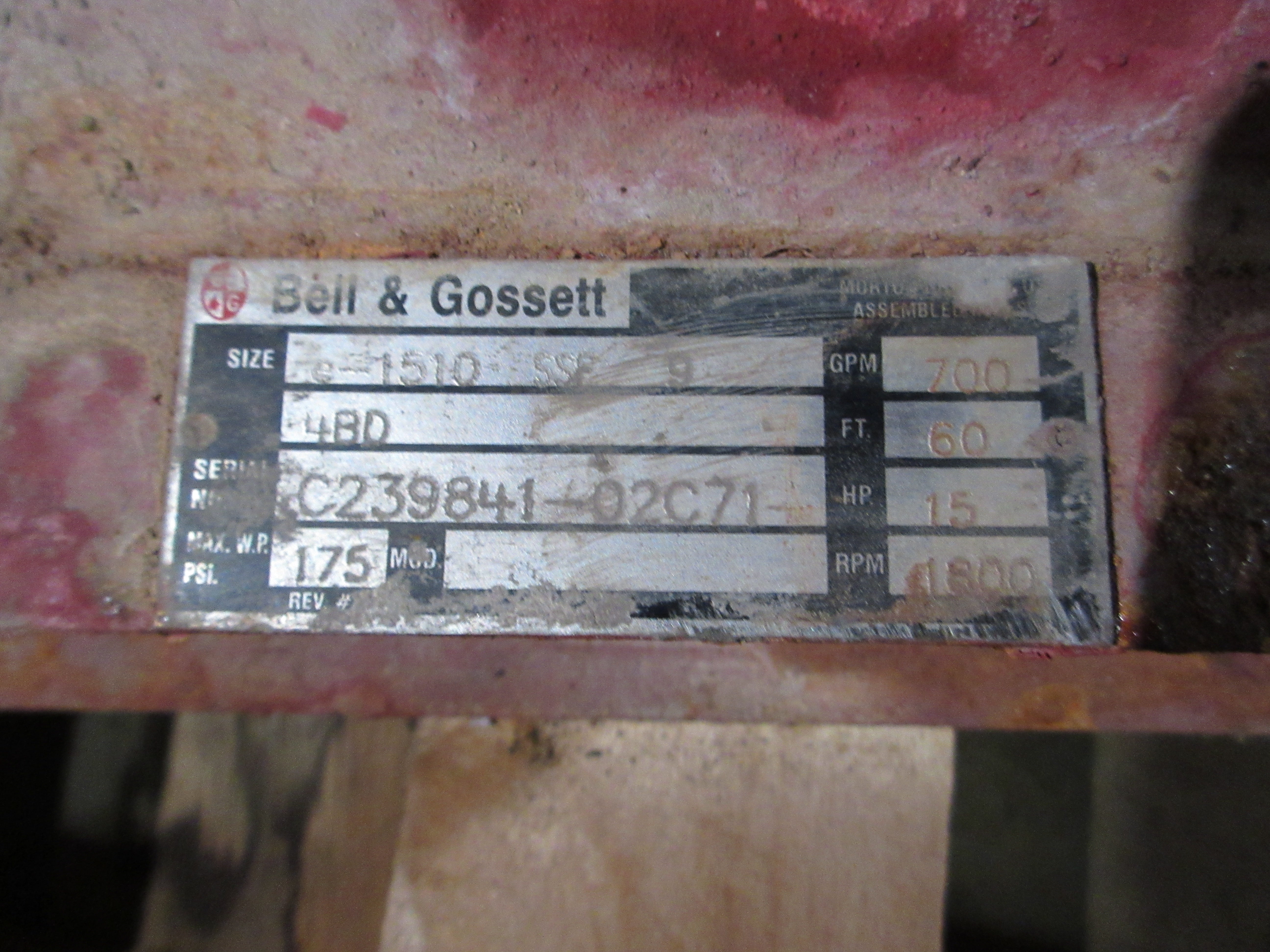 Bell & Gossett e-1510 Pump e-1510 SSF 9 4BD 15HP 1800RPM 700GPM 60FT Head Used