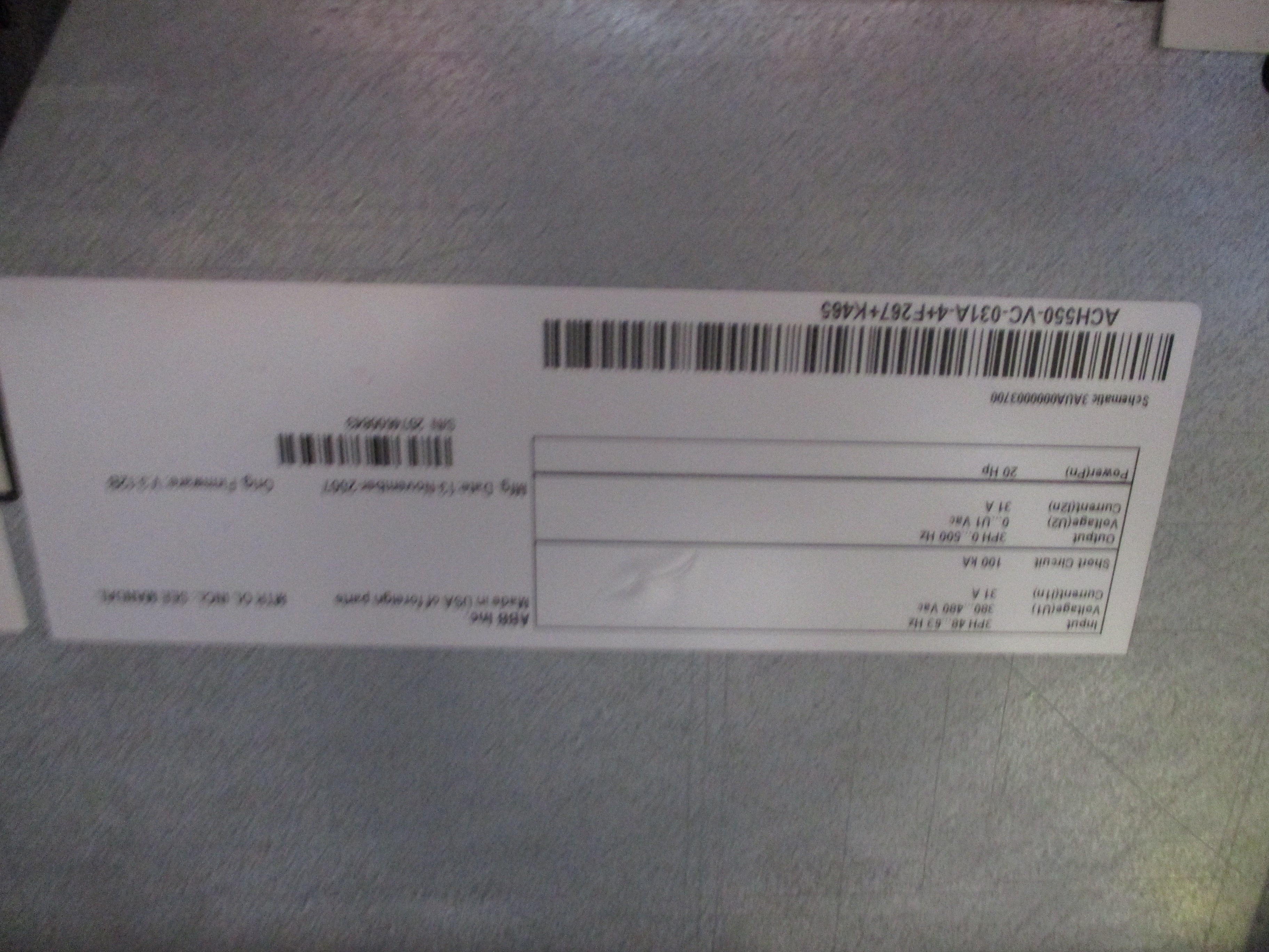 ABB ACH550 AC Drive W/Bypass ACH550-VC-031A-4+F267+K465 20HP 3Ph Input: 3PH 48-6