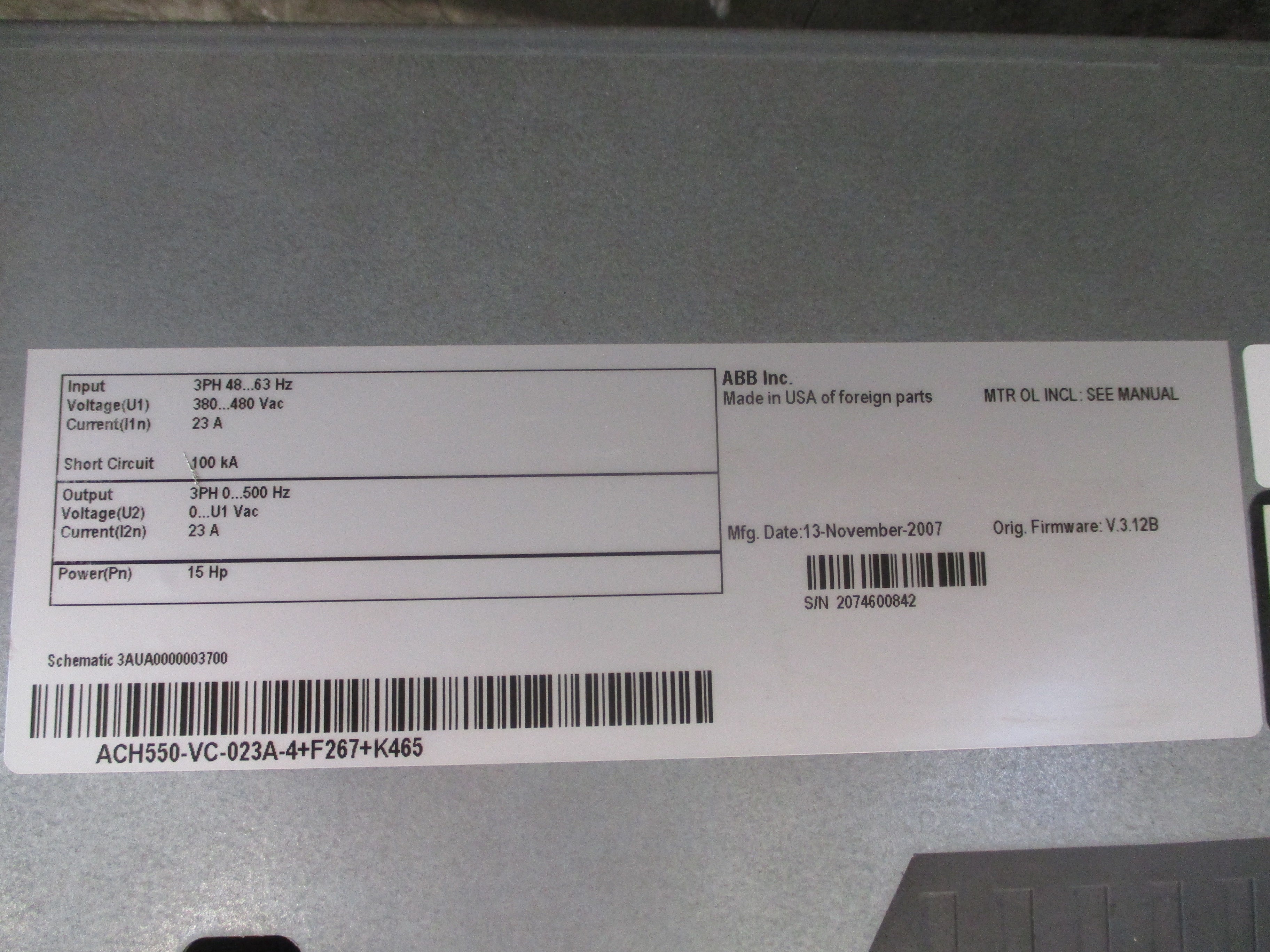 ABB ACH550 AC Drive W/Bypass ACH550-VC-023A-4+K465 15HP 3Ph Input: 3PH 48-63Hz 3