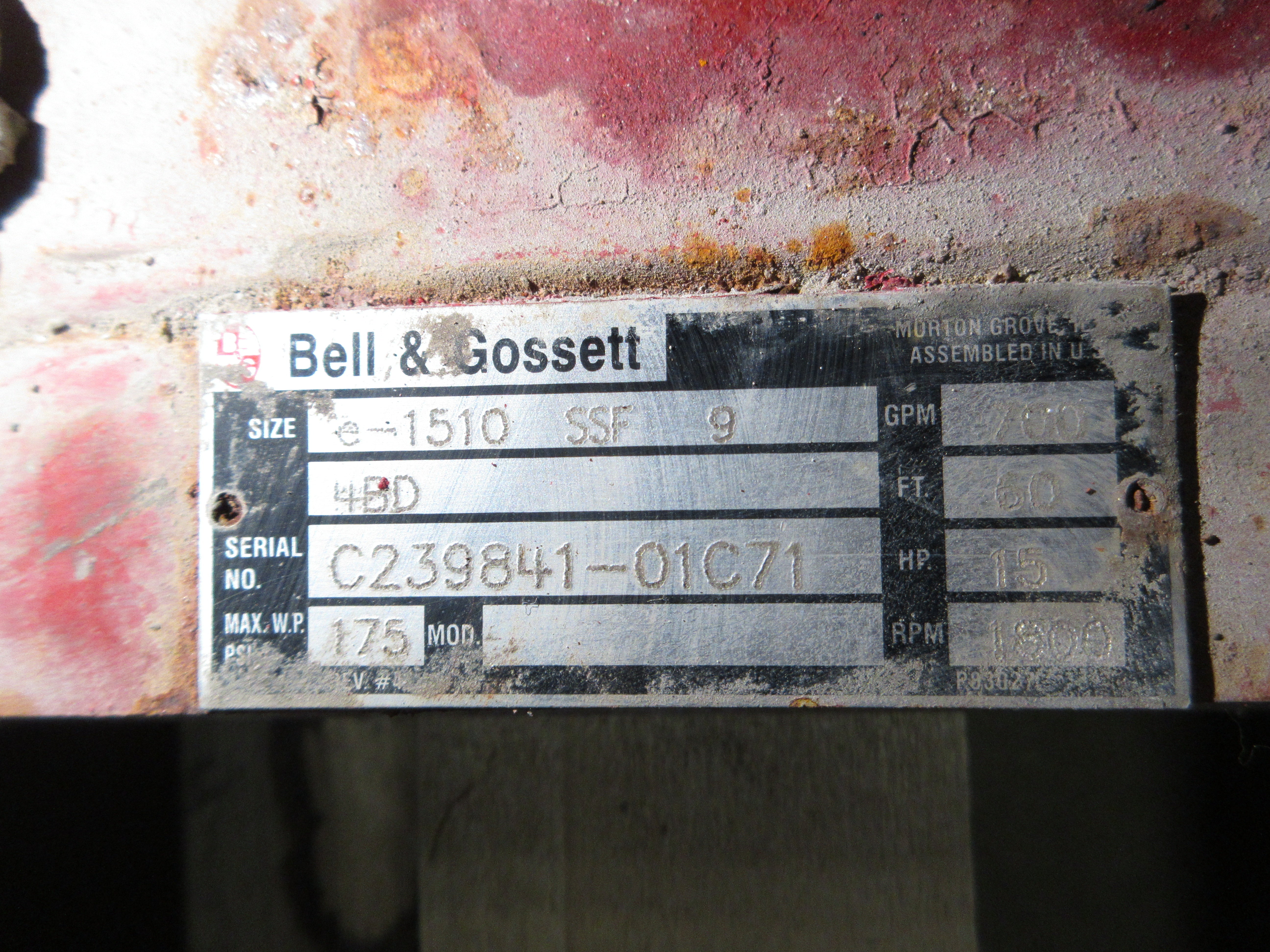 Bell & Gossett e-1510 Pump e-1510 SSF 9 4BD 15HP 1800RPM 700GPM 60FT Head Used