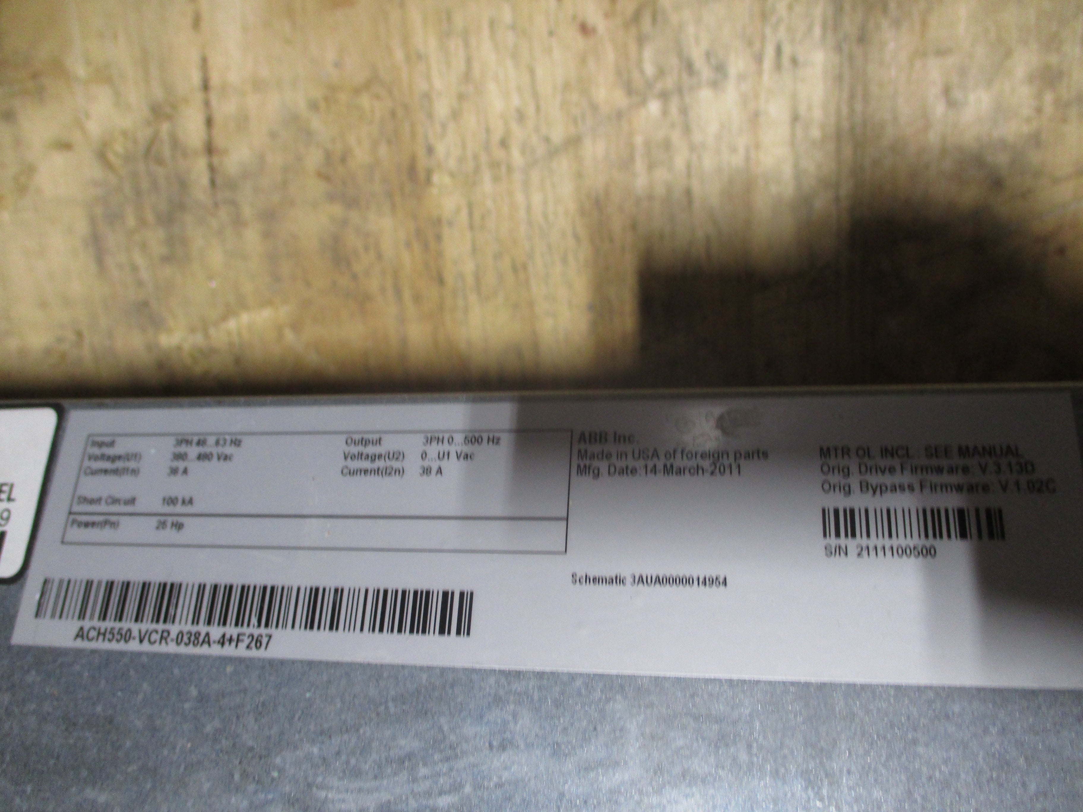 ABB ACH550 AC Drive W/Bypass ACH550-VCR-038A-4+F267 25HP 3Ph Input: 3PH 48-63Hz
