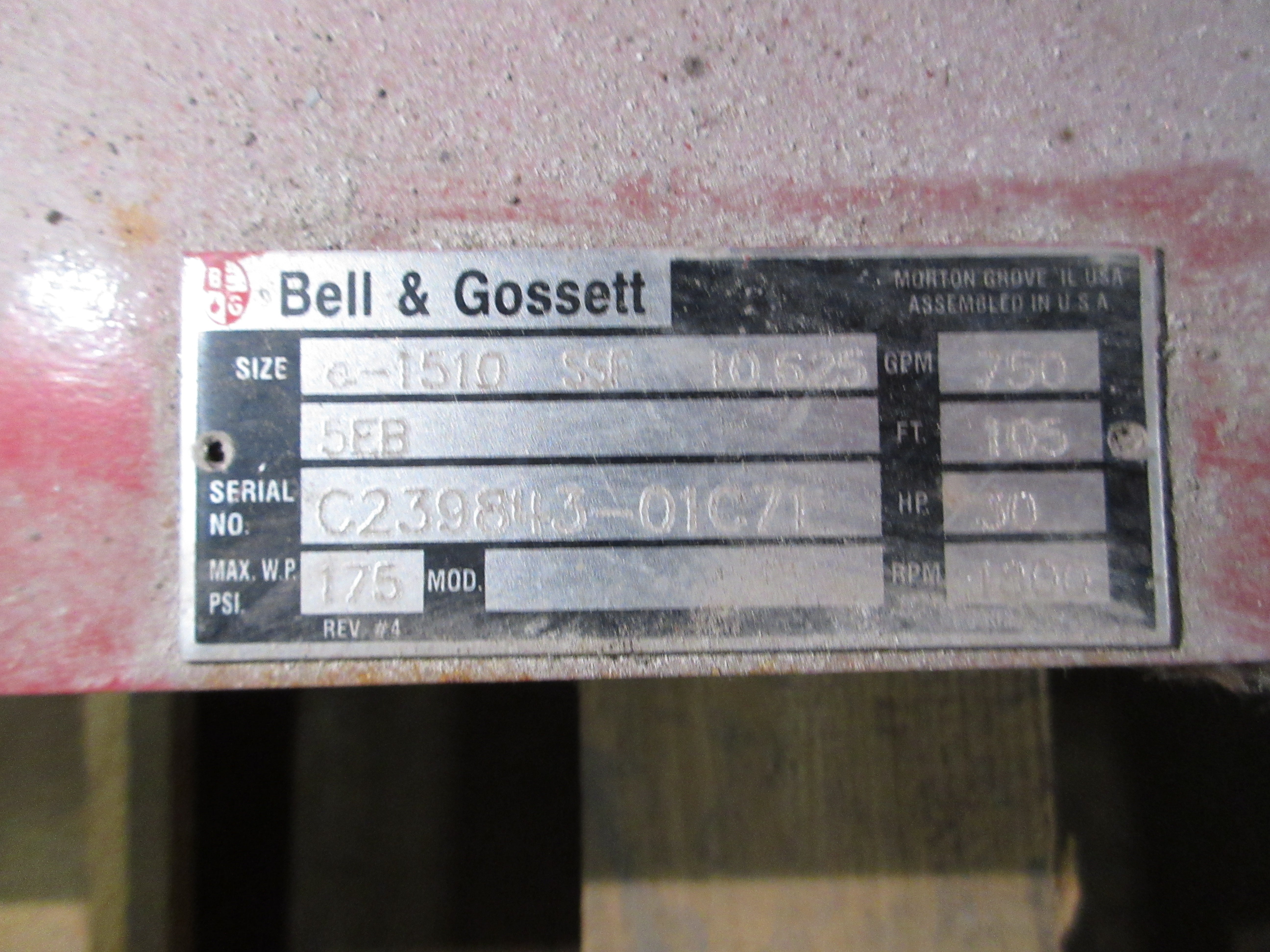 Bell & Gossett e-1510 Pump e-1510 SSF 10.625 5EB 30HP 1800RPM 105FT Head 750GPM