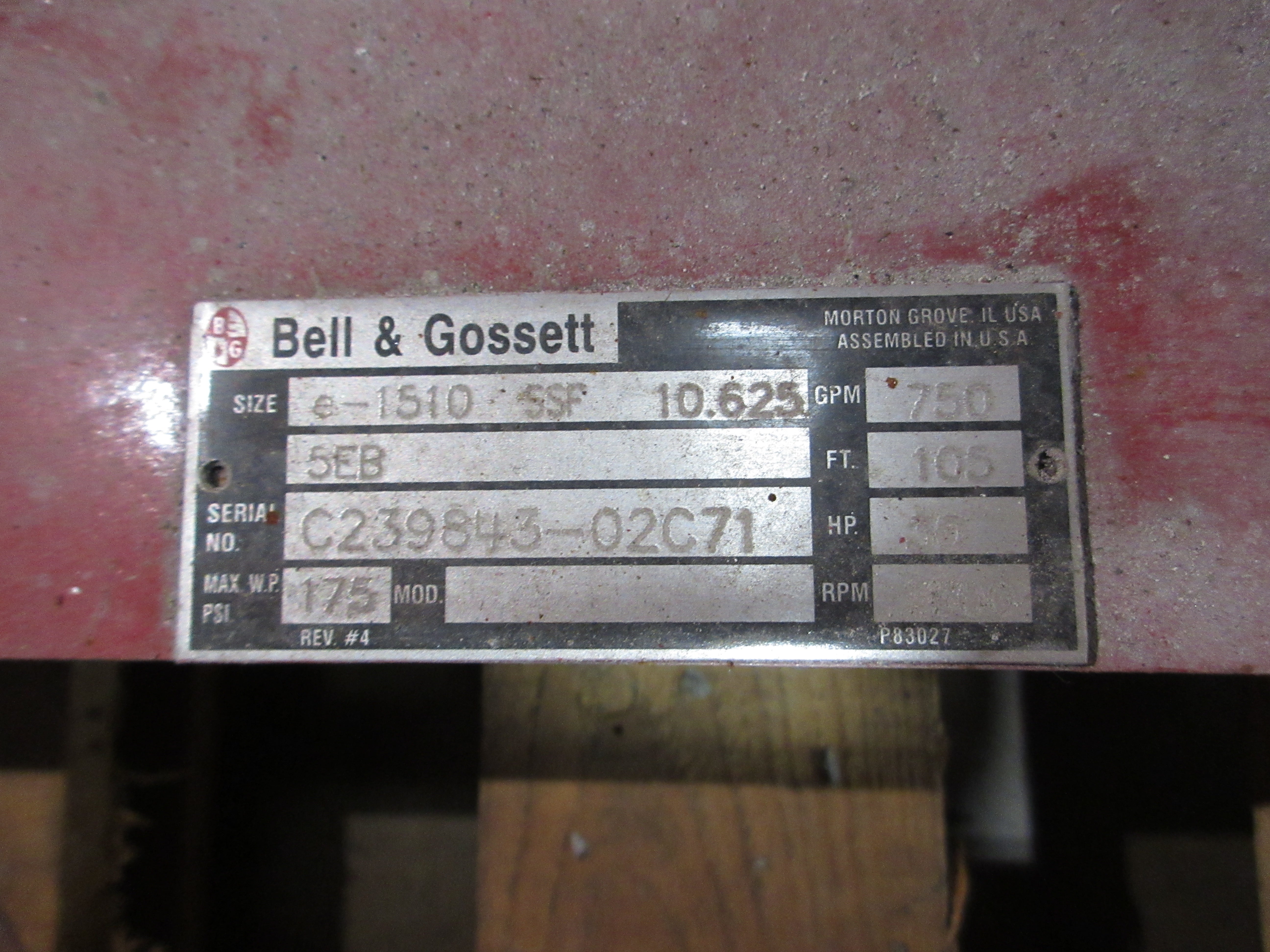 Bell & Gossett e-1510 Pump e-1510 SSF 10.625 5EB 30HP 1800RPM 105FT Head 750GPM