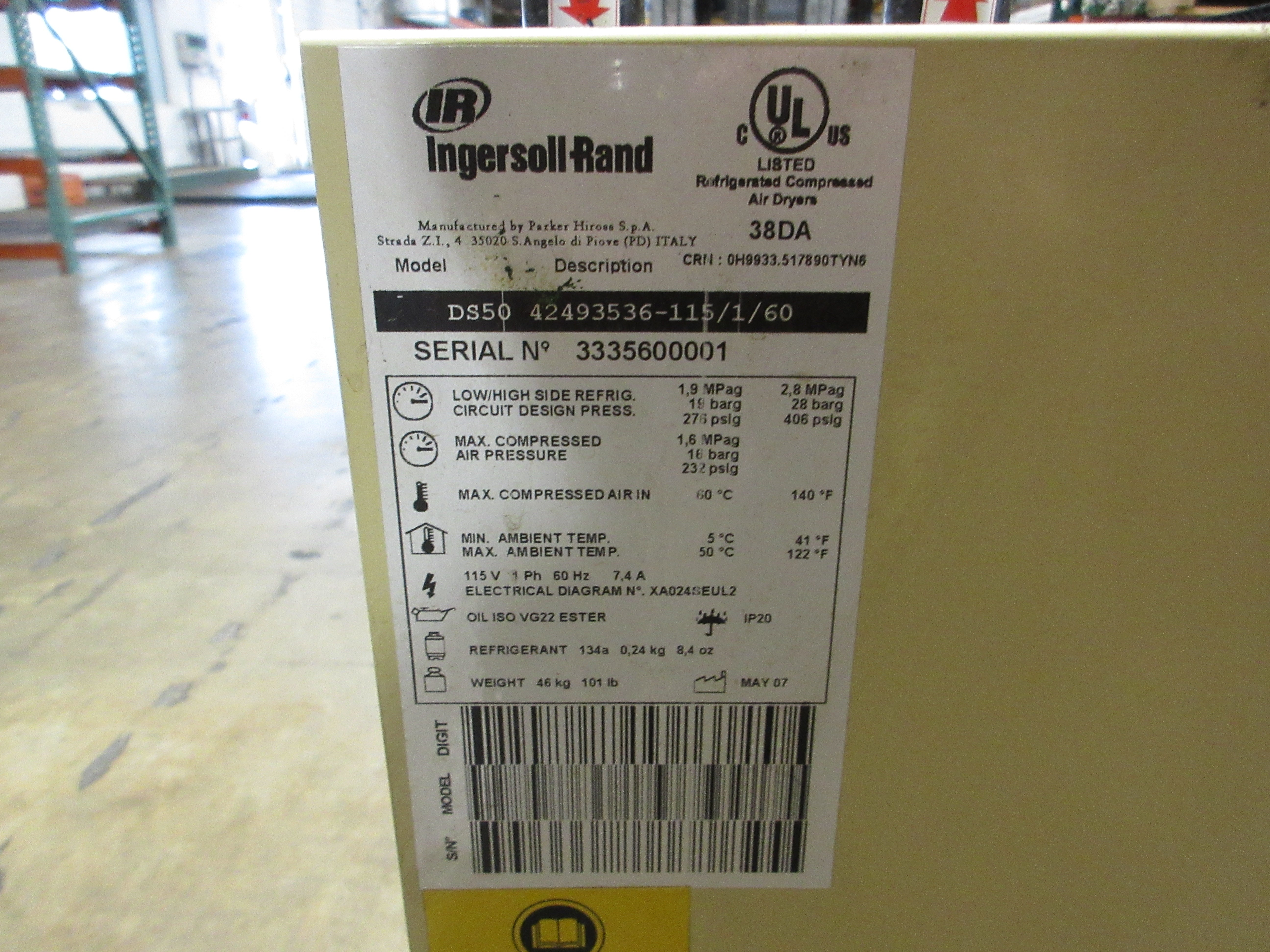 Ingersoll Rand Refrigerated Air Dryer DS50 42493536-115/1/60 115V 1Ph 60Hz Used