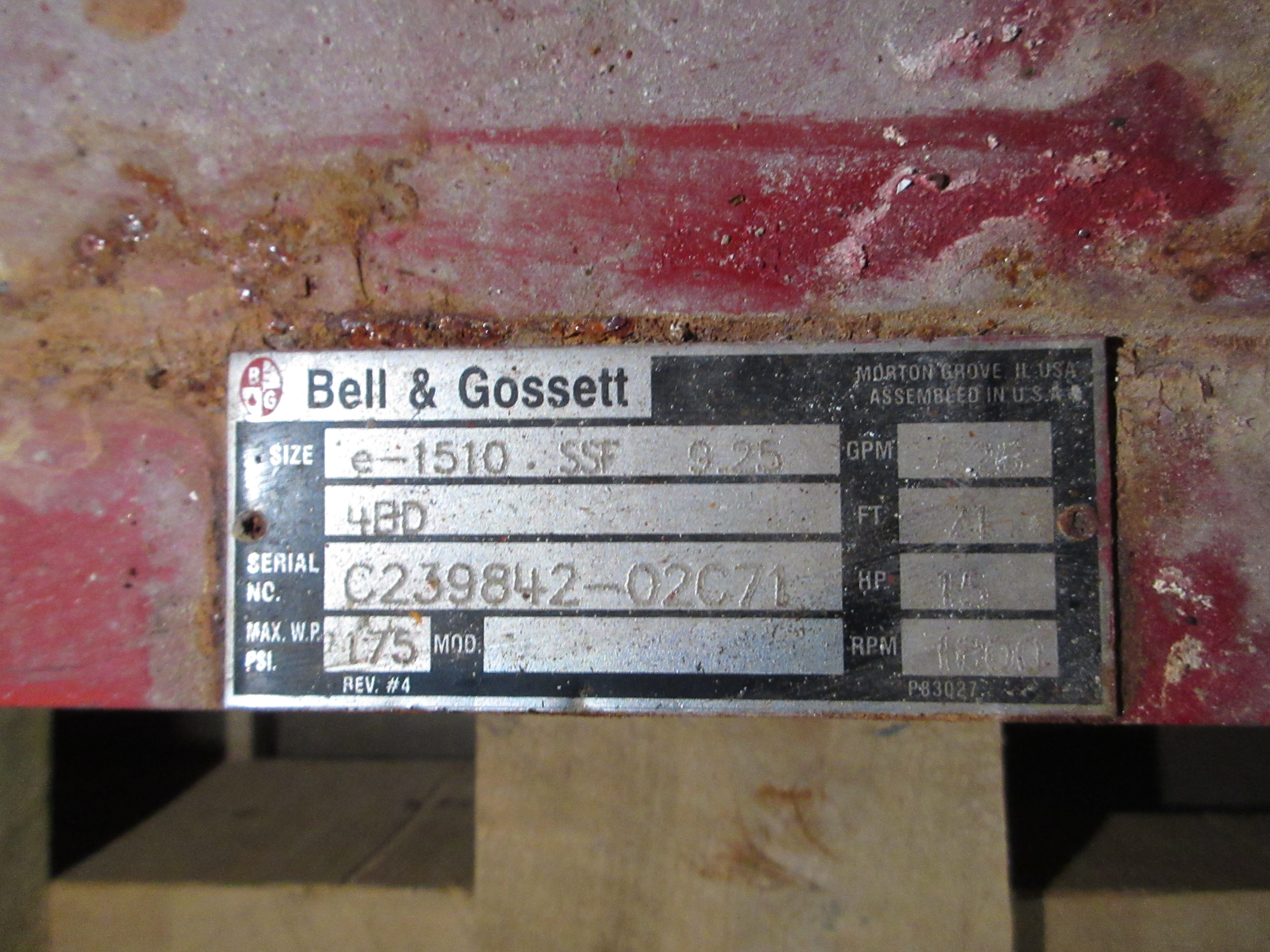 Bell & Gossett e-1510 Pump e-1510 SSF 9.25 4BD 15HP 1800RPM 71FT Head Used