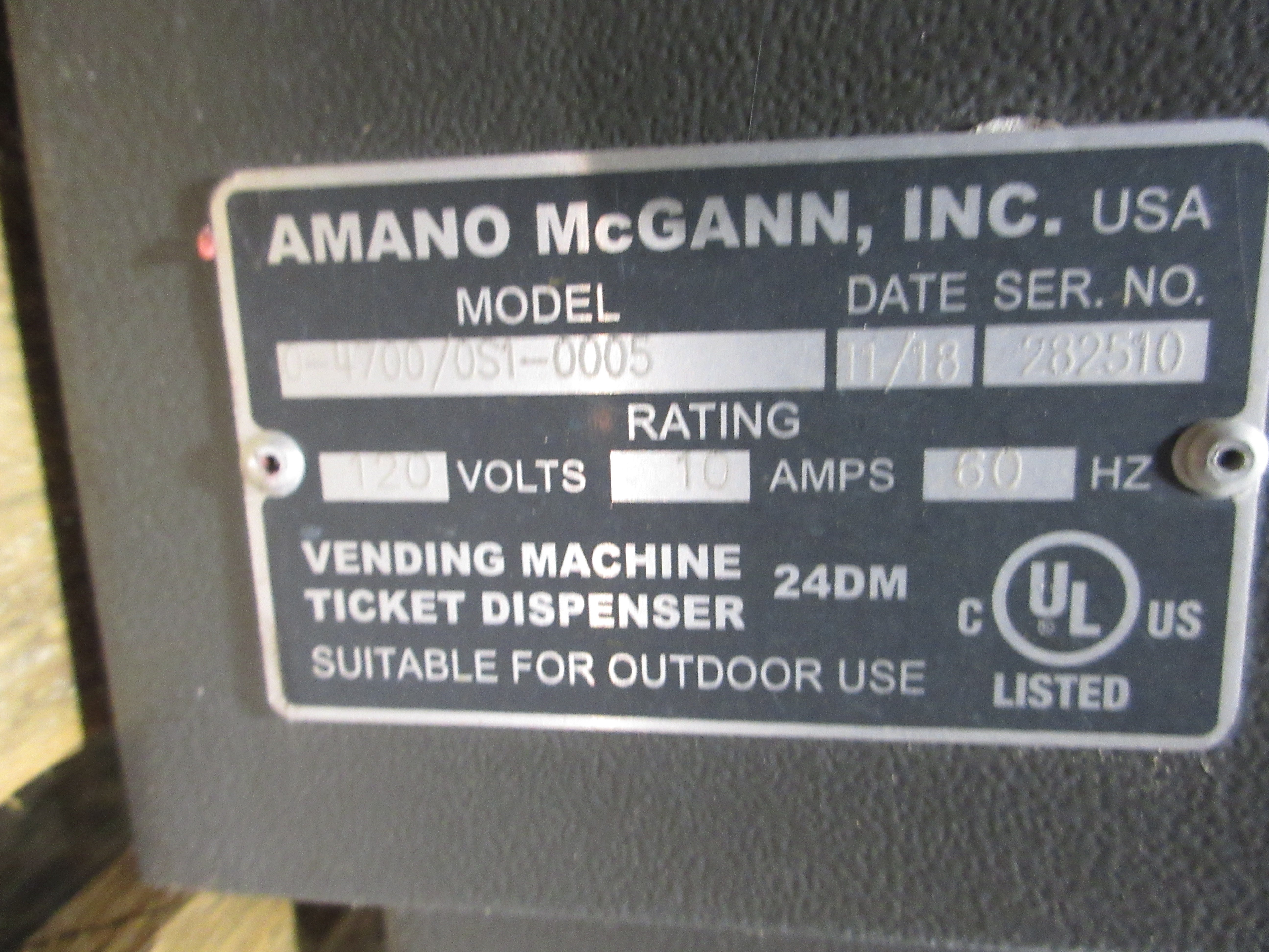 Amano McGann Parking Validation Ticket Dispenser 0-4700/0S1-0005 120V 10A Used