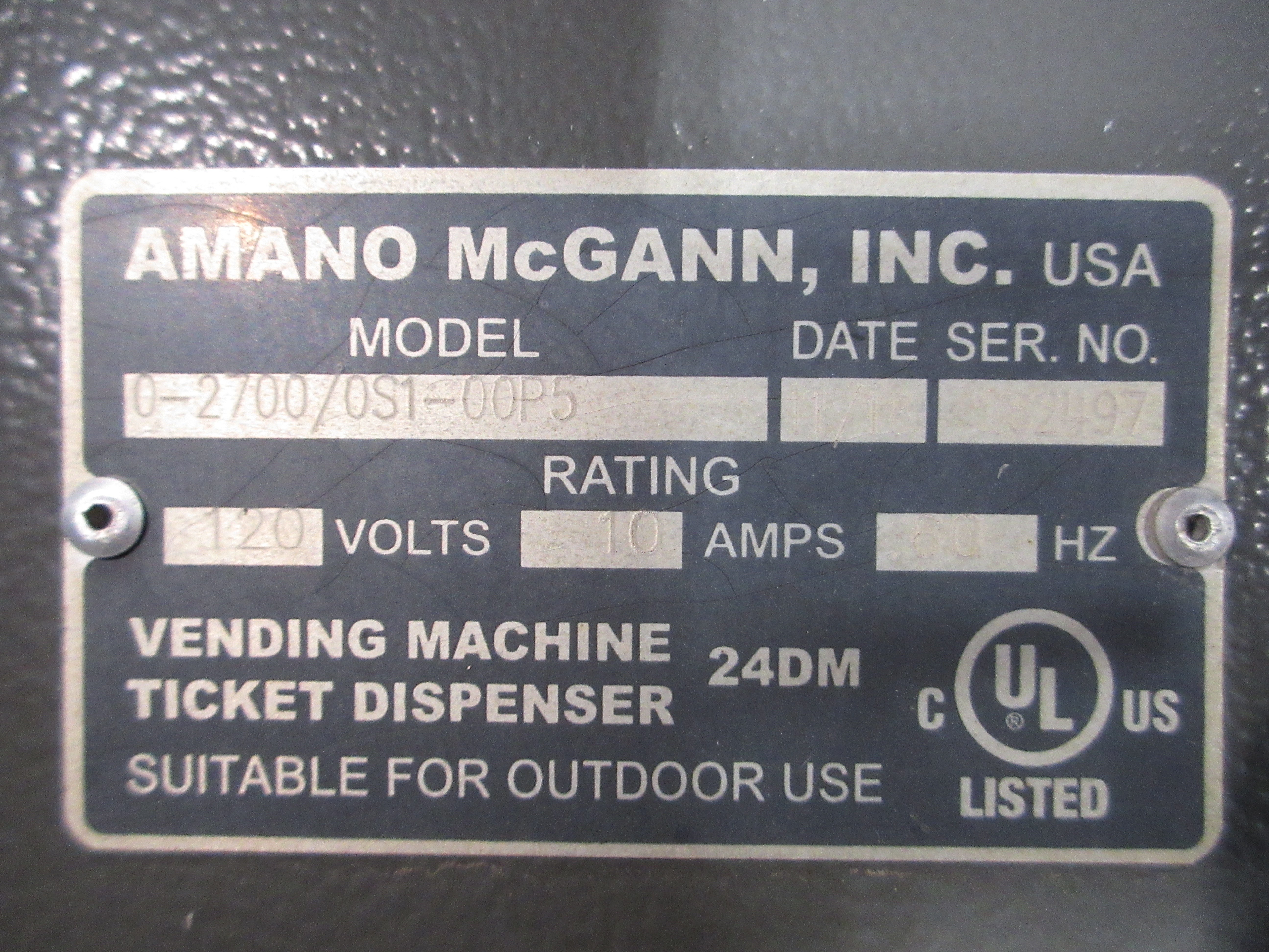 Amano McGann Parking Validation Ticket Dispenser 0-2700/0S1-00P5 120V 10A 60Hz