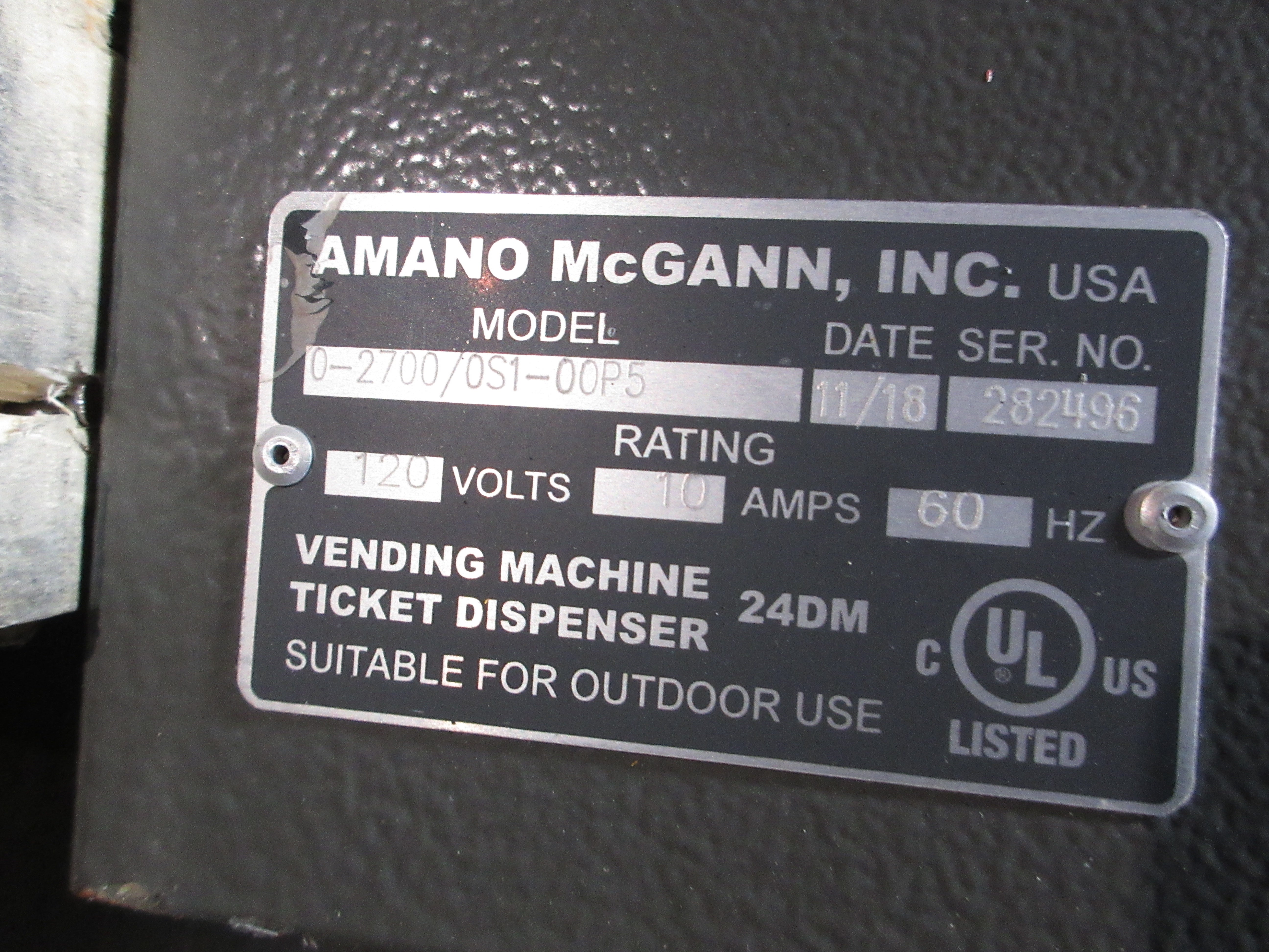 Amano McGann Parking Validation Ticket Dispenser 0-2700/0S1-00P5 120V 10A 60Hz