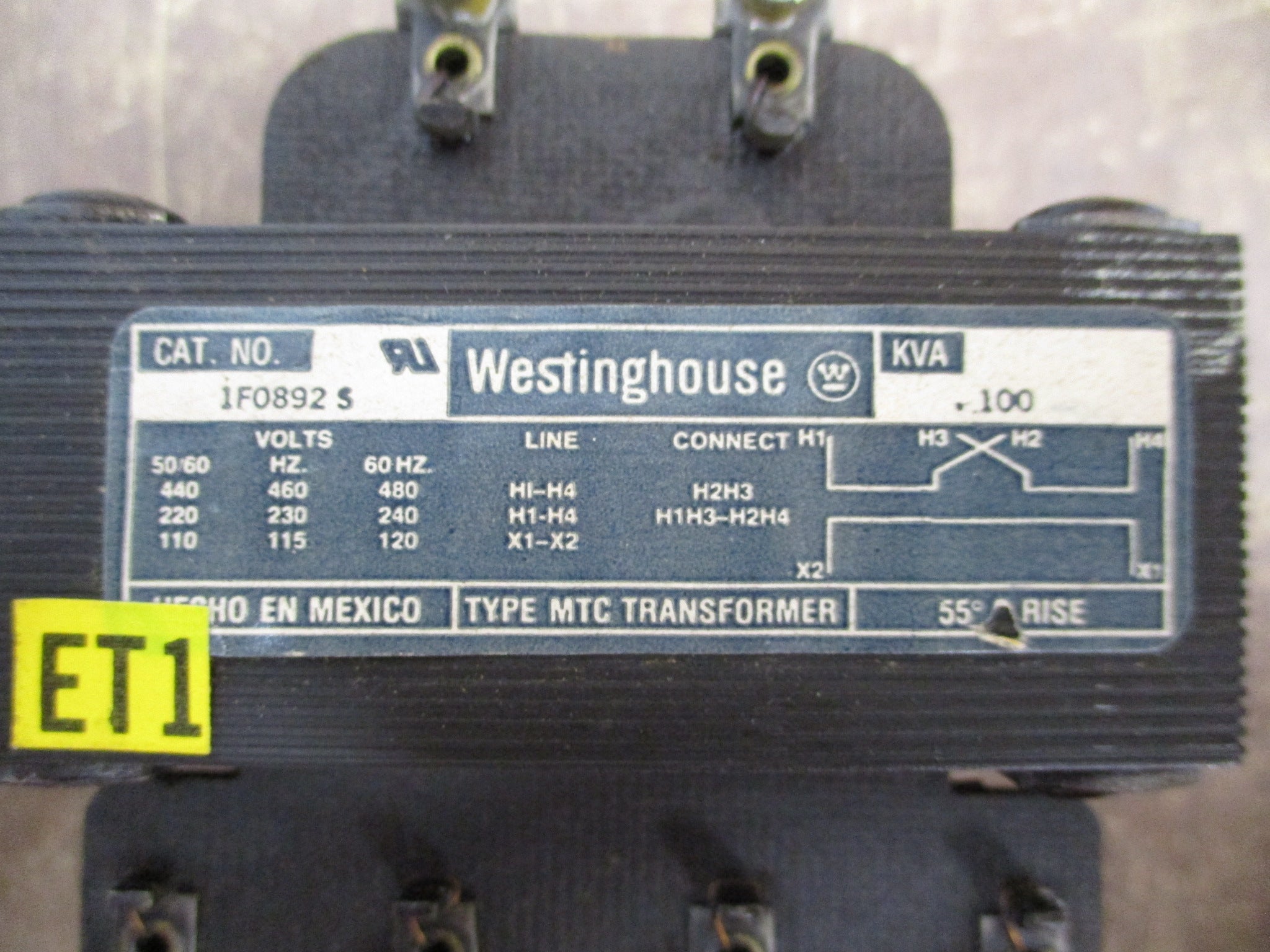 Westinghouse Type MTC Transformer 1F0892 S Pri: 240/480V Sec: 120V 0.100kVA Used