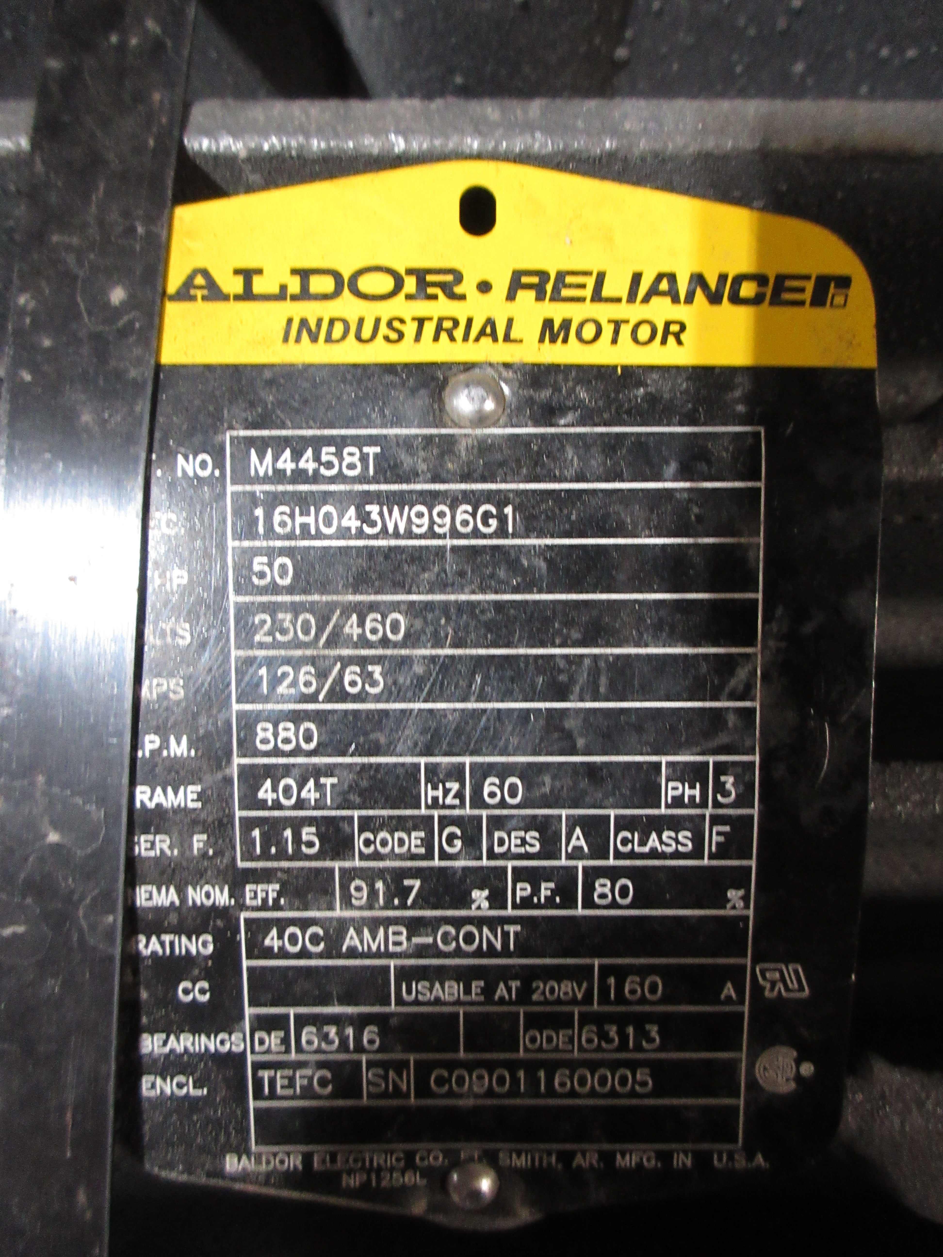 Baldor Motor M4458T 50HP 230/460V 126/63A 900RPM 60Hz 3Ph 404T Frame