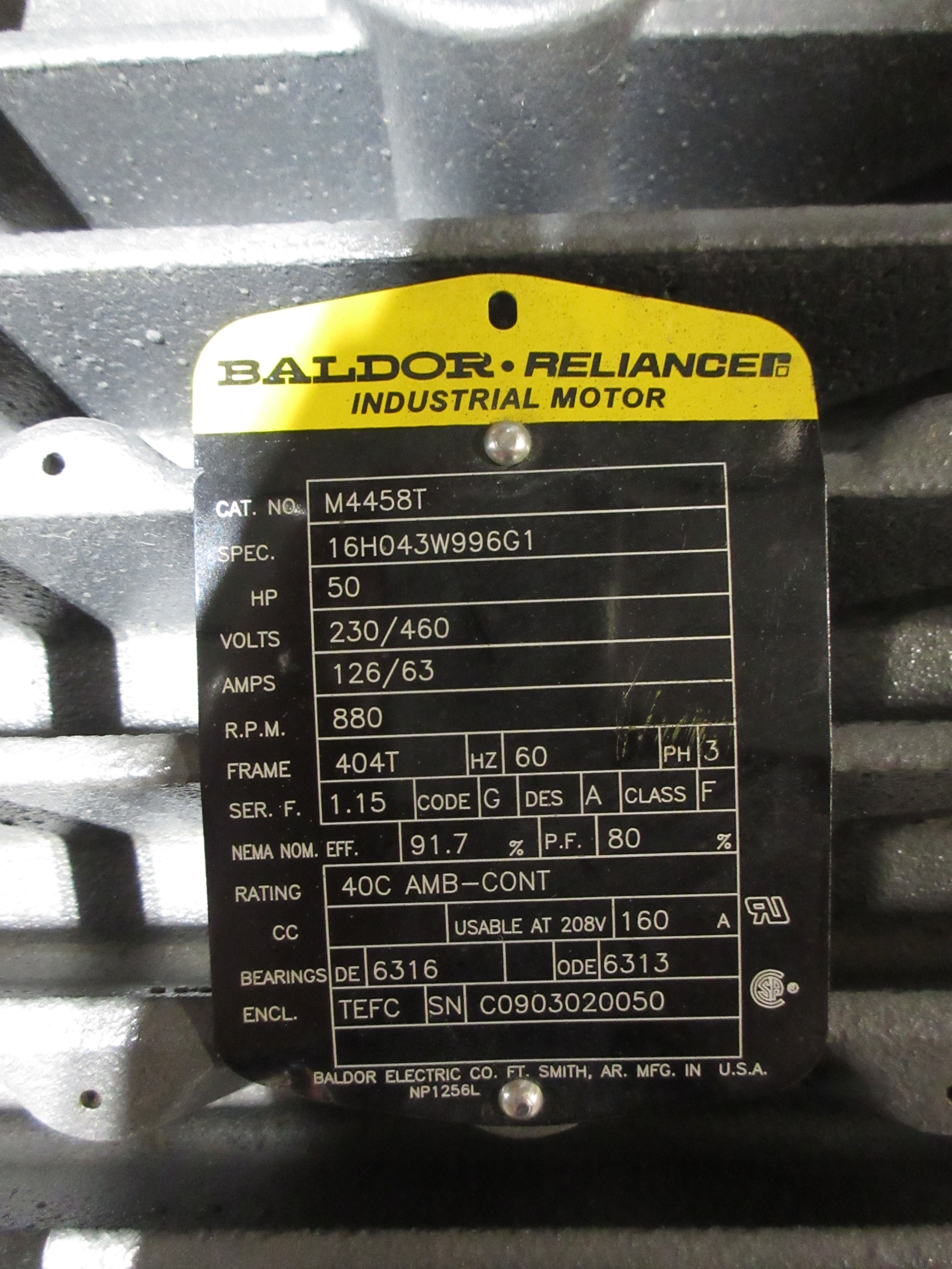 Baldor Motor M4458T 50HP 230/460V 126/63A 900RPM 60Hz 3Ph 404T Frame Used