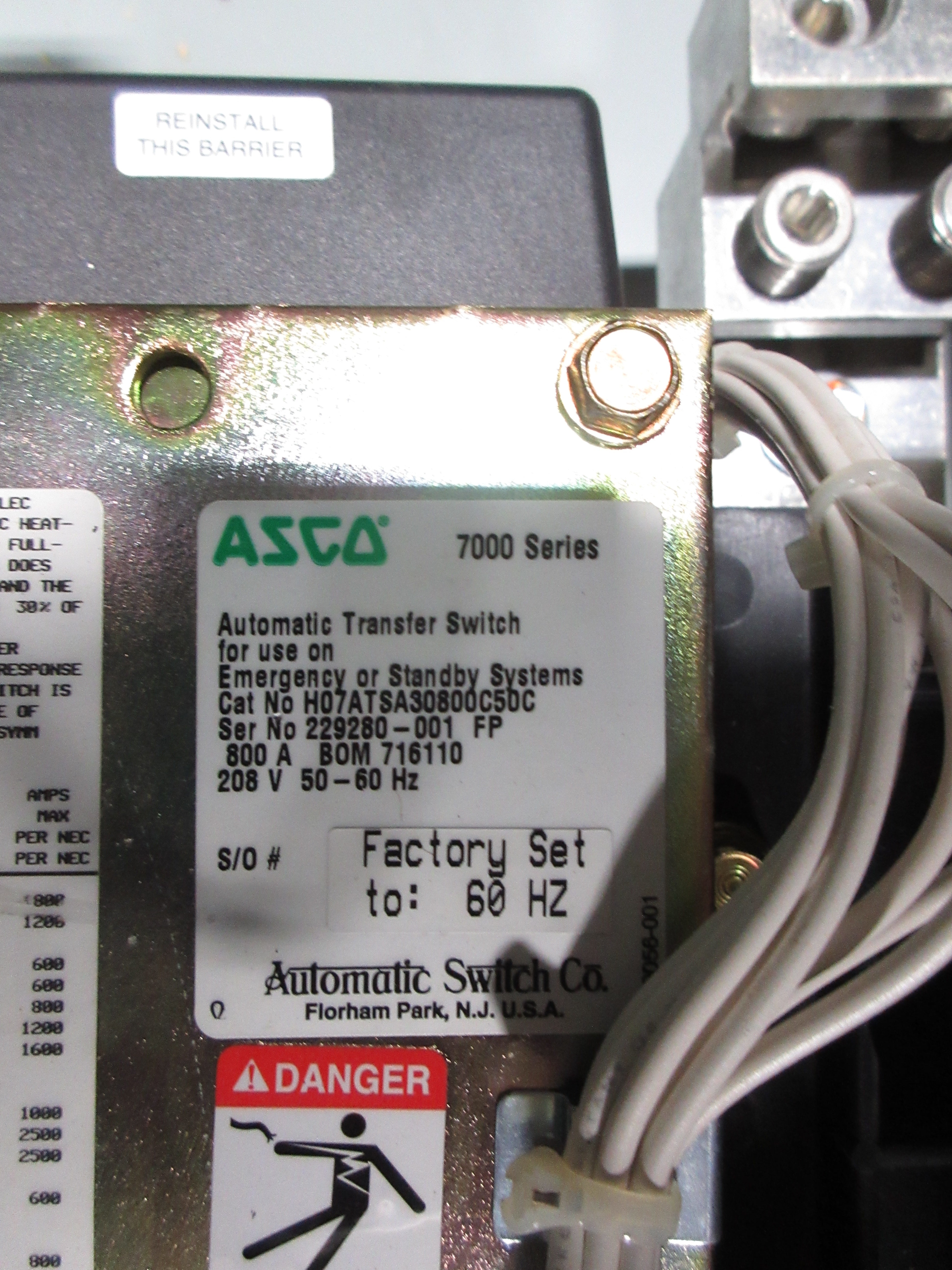 Asco 7000 Series Automatic Transfer Switch H07ATSA30800C50C 800A 208V 60Hz 3Ph