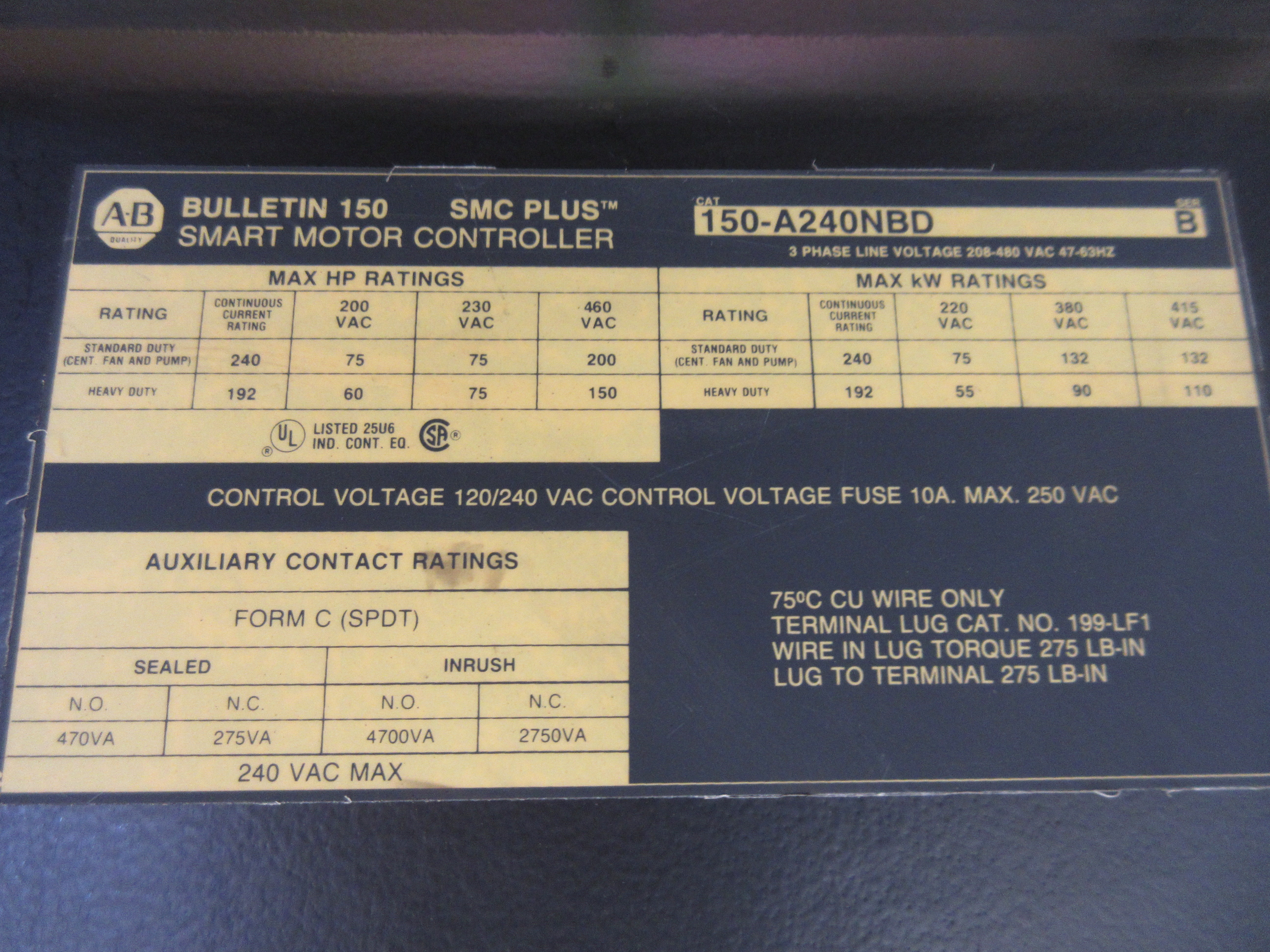 Allen-Bradley SMC Plus Soft Start 150-A240NBD Ser. B 200HP 208-480V 3Ph Used