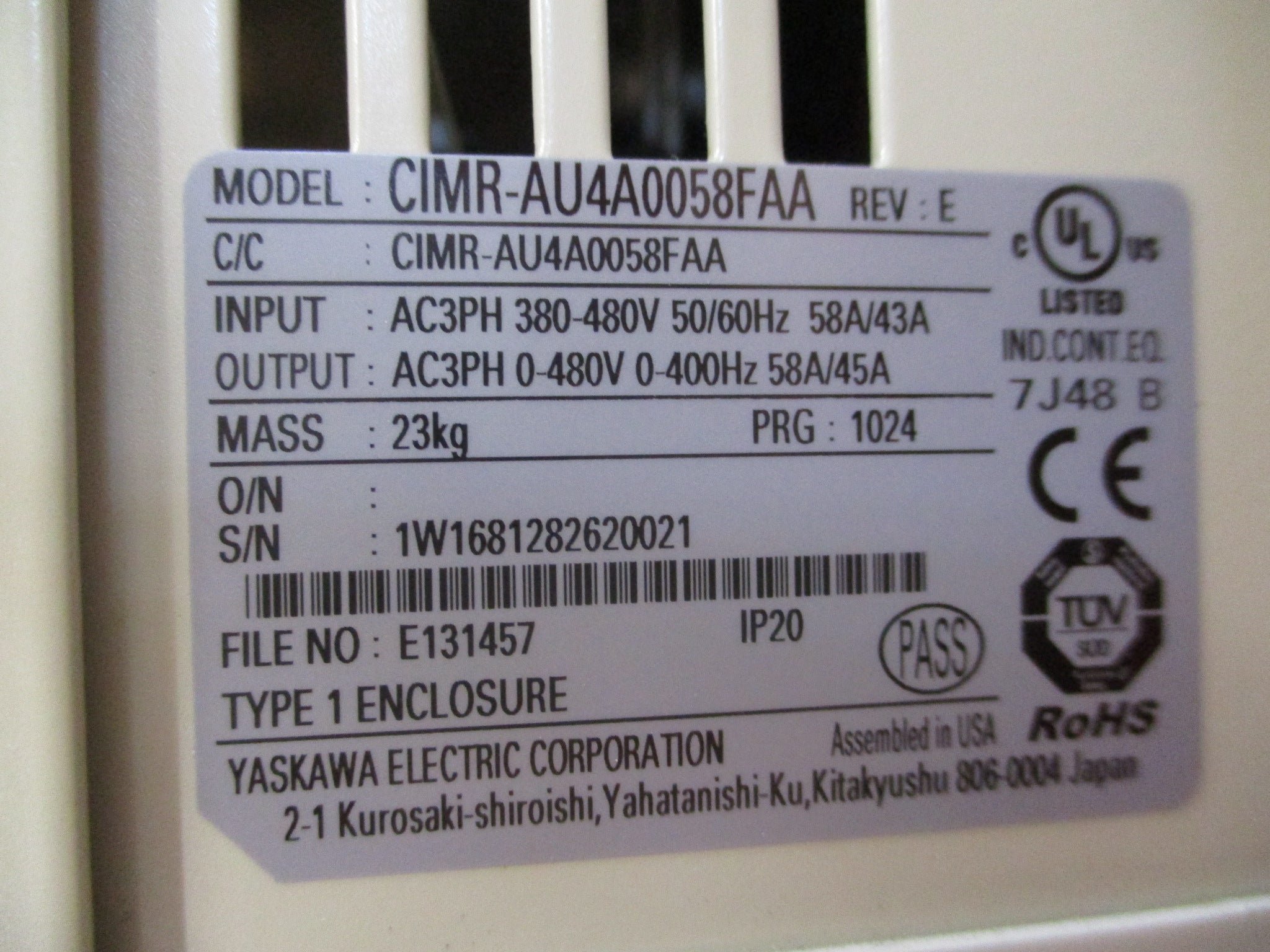 Yaskawa A1000 AC Drive CIMR-AU4A0058FAA 40HP 3Ph w/ Keypad Used