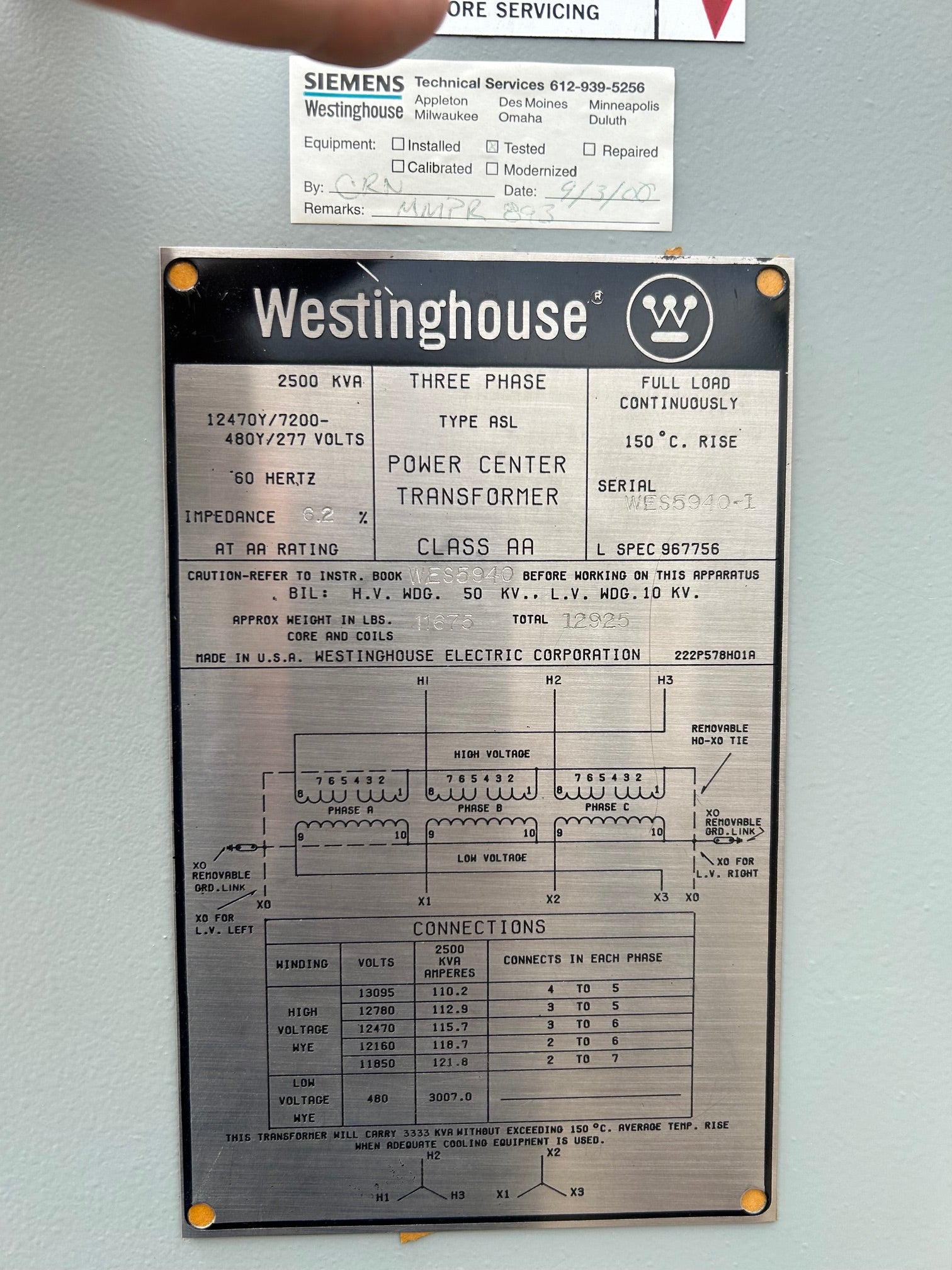 Westinghouse Transformer 2500KVA High Volt: 12470Y/7200V 60Hz 3Ph Used
