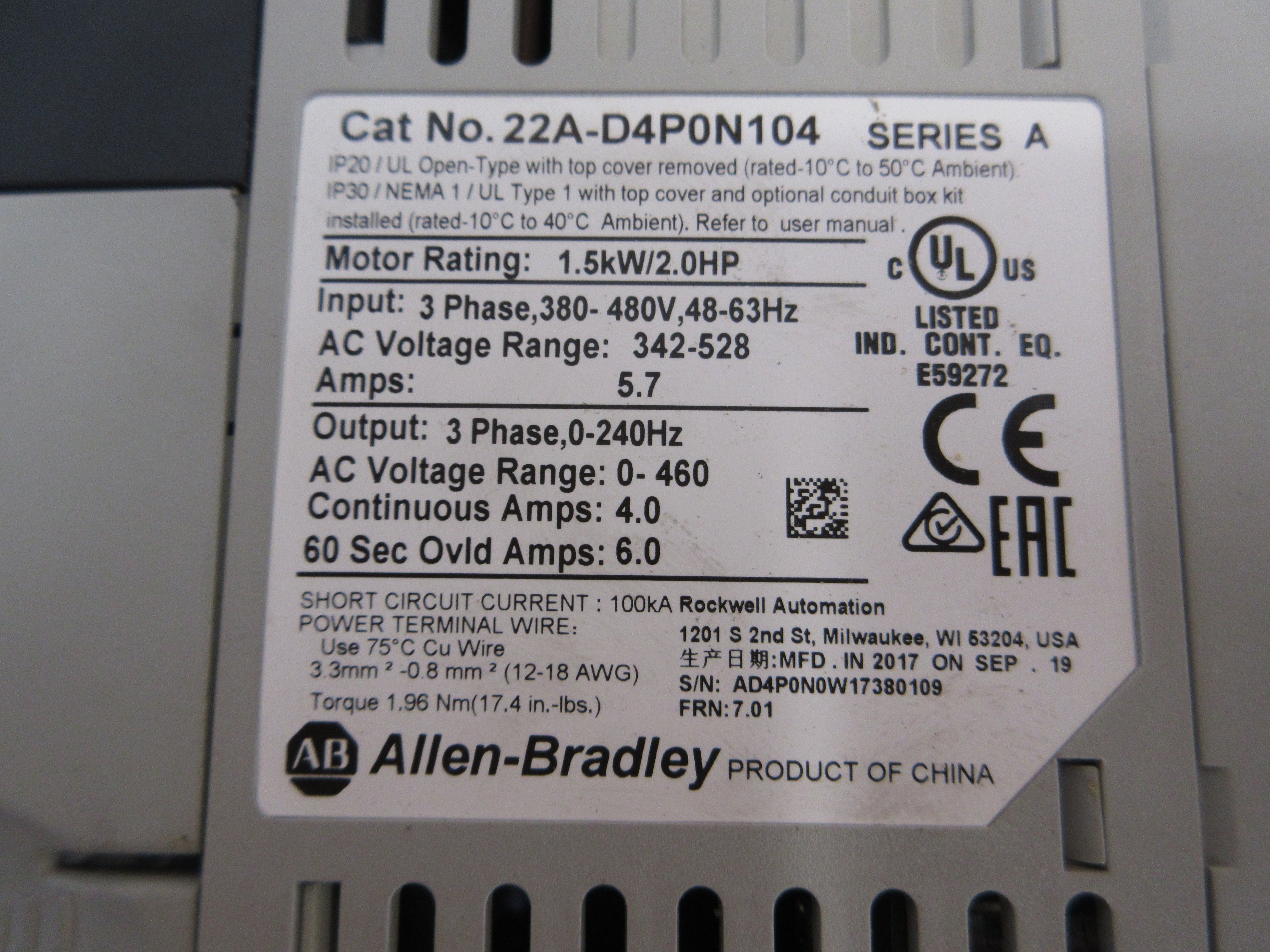 Allen-Bradley PowerFlex 4 AC Drive 22A-D4P0N104 2HP 3Ph Used