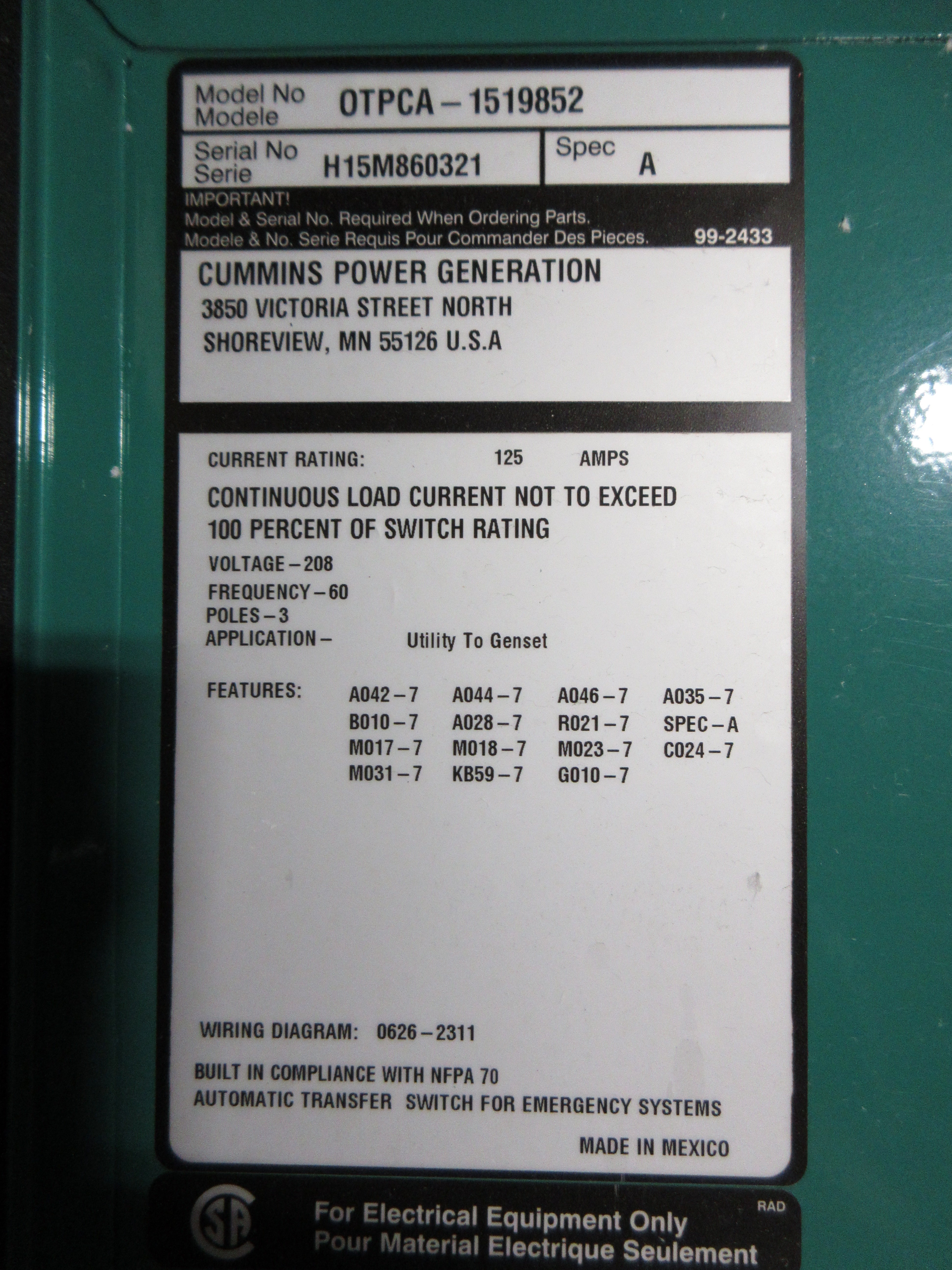 Cummins PowerCommand Automatic Transfer Switch OTPCA-1519852 125A 208V 60Hz 3P