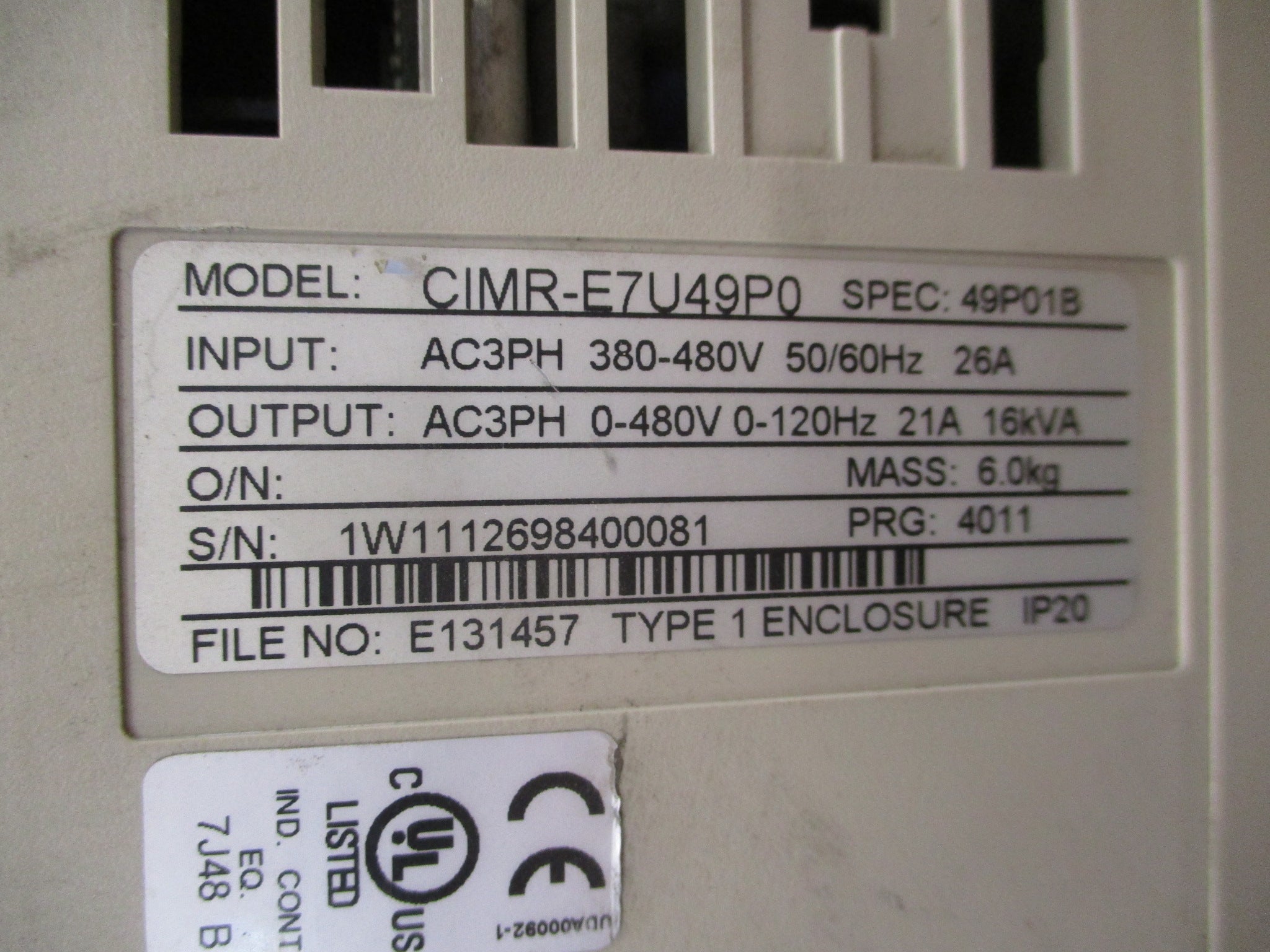 Yaskawa Varispeed E7 AC Drive CIMR-E7U49P0 15HP 3Ph w/ Keypad Used