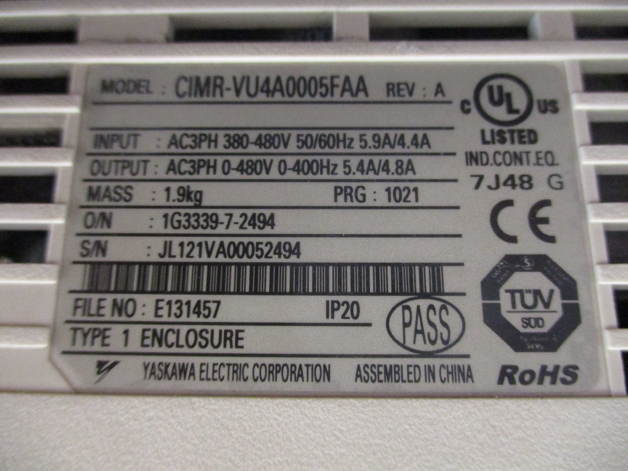 Yaskawa V1000 AC Drive CIMR-VU4A0005FAA Rev. A 3HP 3Ph Used