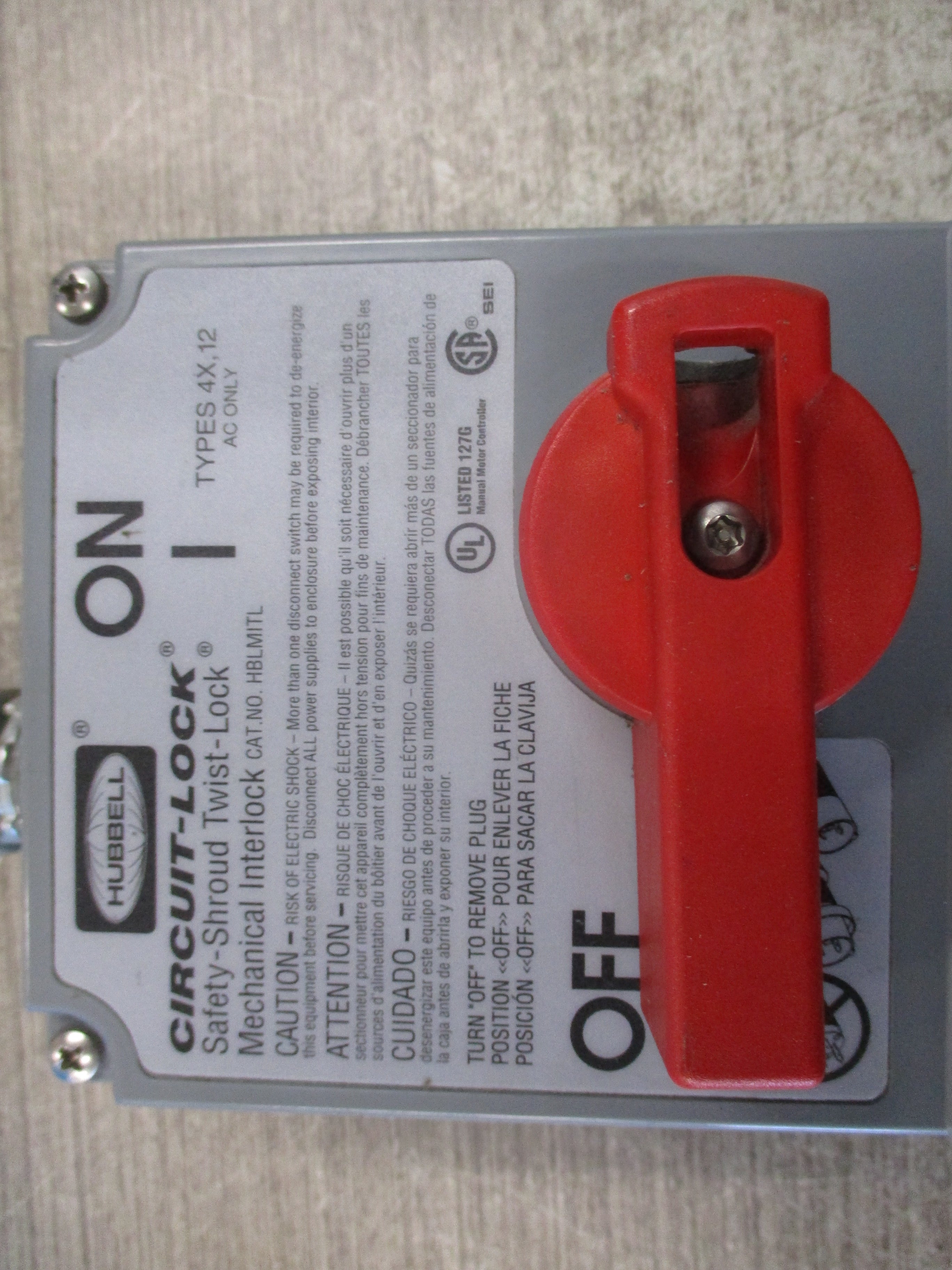 Hubbell Circuit - Lock Mechanical Interlock HBLMITL/HBL2430SW 20A 3Ph 480V Type 4X,12 Used