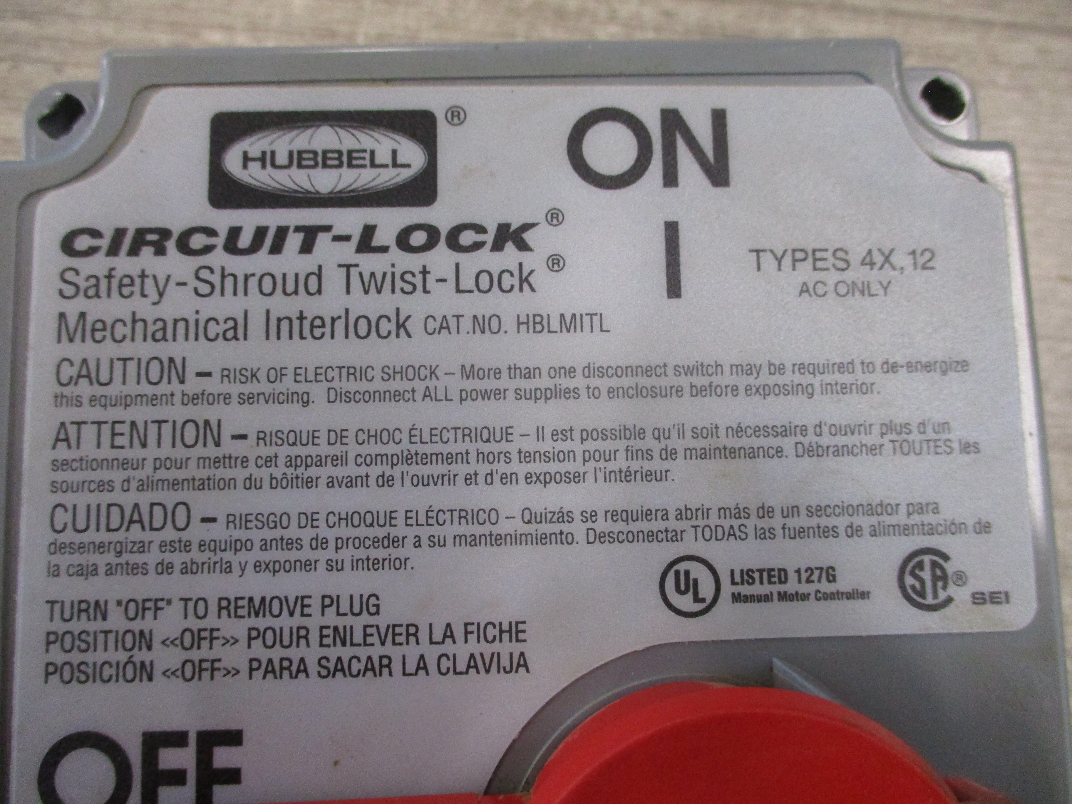 Hubbell Circuit-Lock Mechanical Interlock HBLMITL/HBL2730SW 30A 3Ph 480V *No Cover Screws* Used