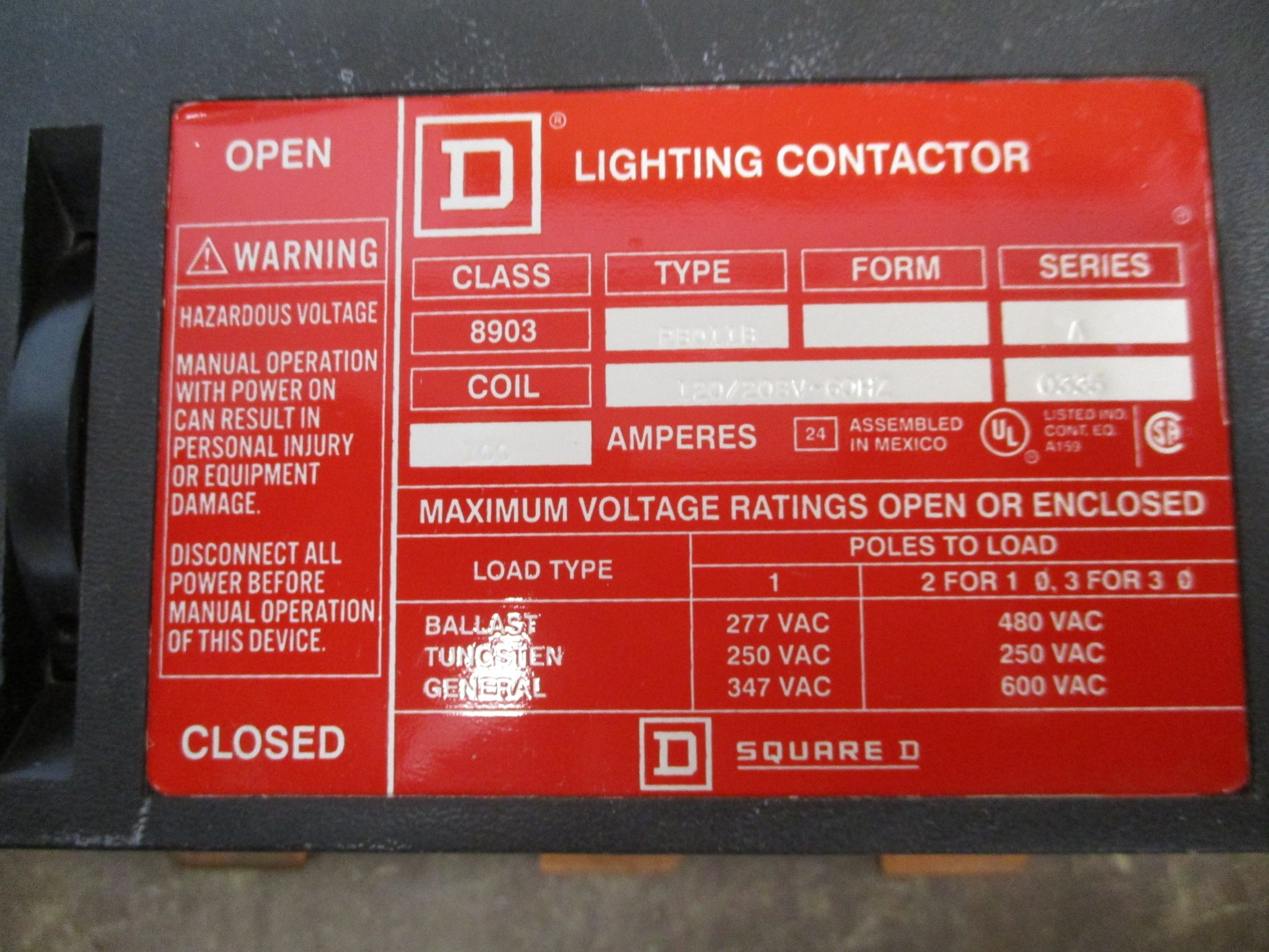 Square D Lighting Contactor 8903 PB011B Ser. A 120/208V Coil 100A 600V Used