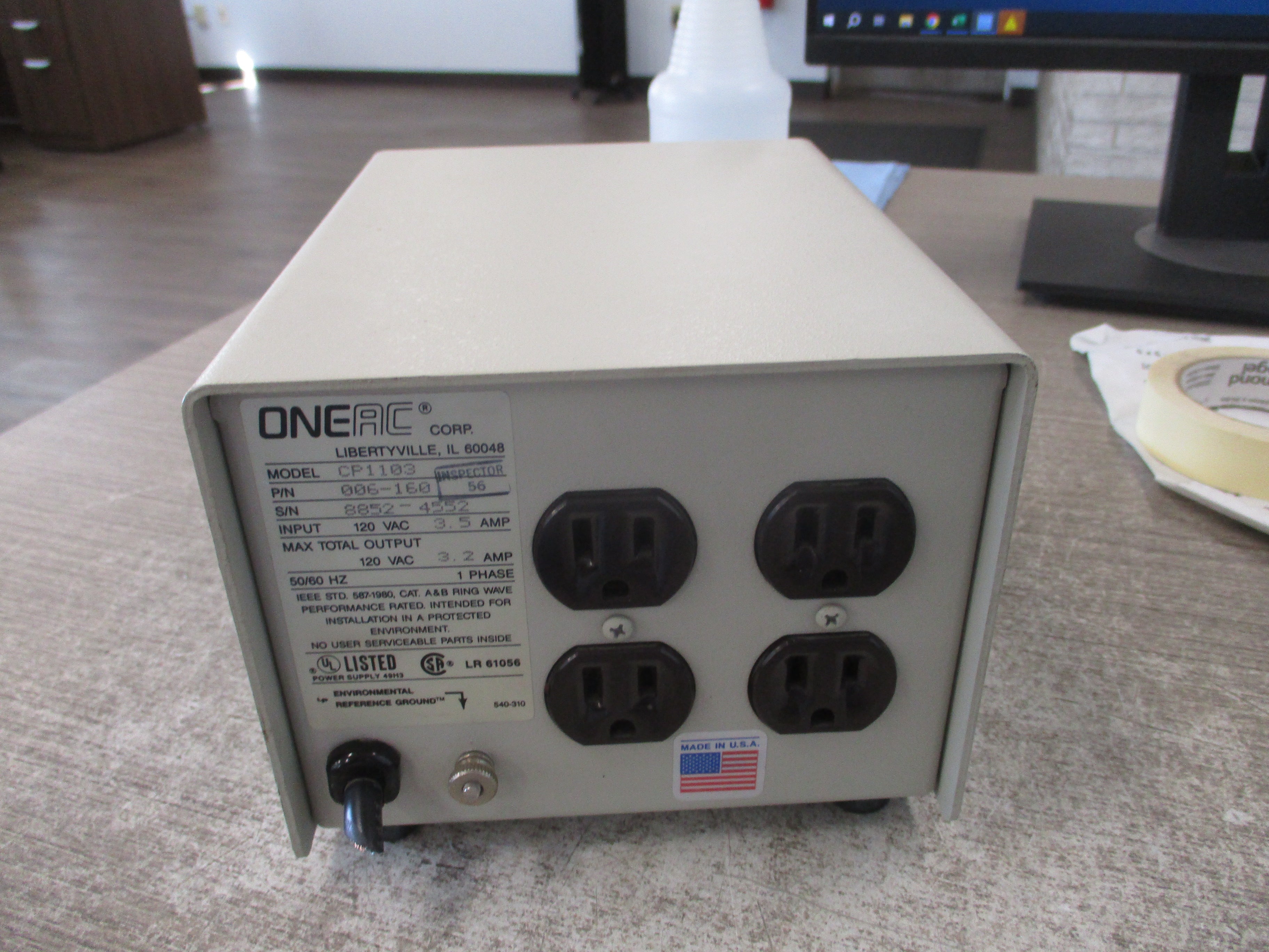 ONEAC CP1103 Power Line Conditioner 006-160 Input: 120VAC 3.5A Output: 120VAC 3.2A 50/60Hz 1Ph *No Power Cord* Used