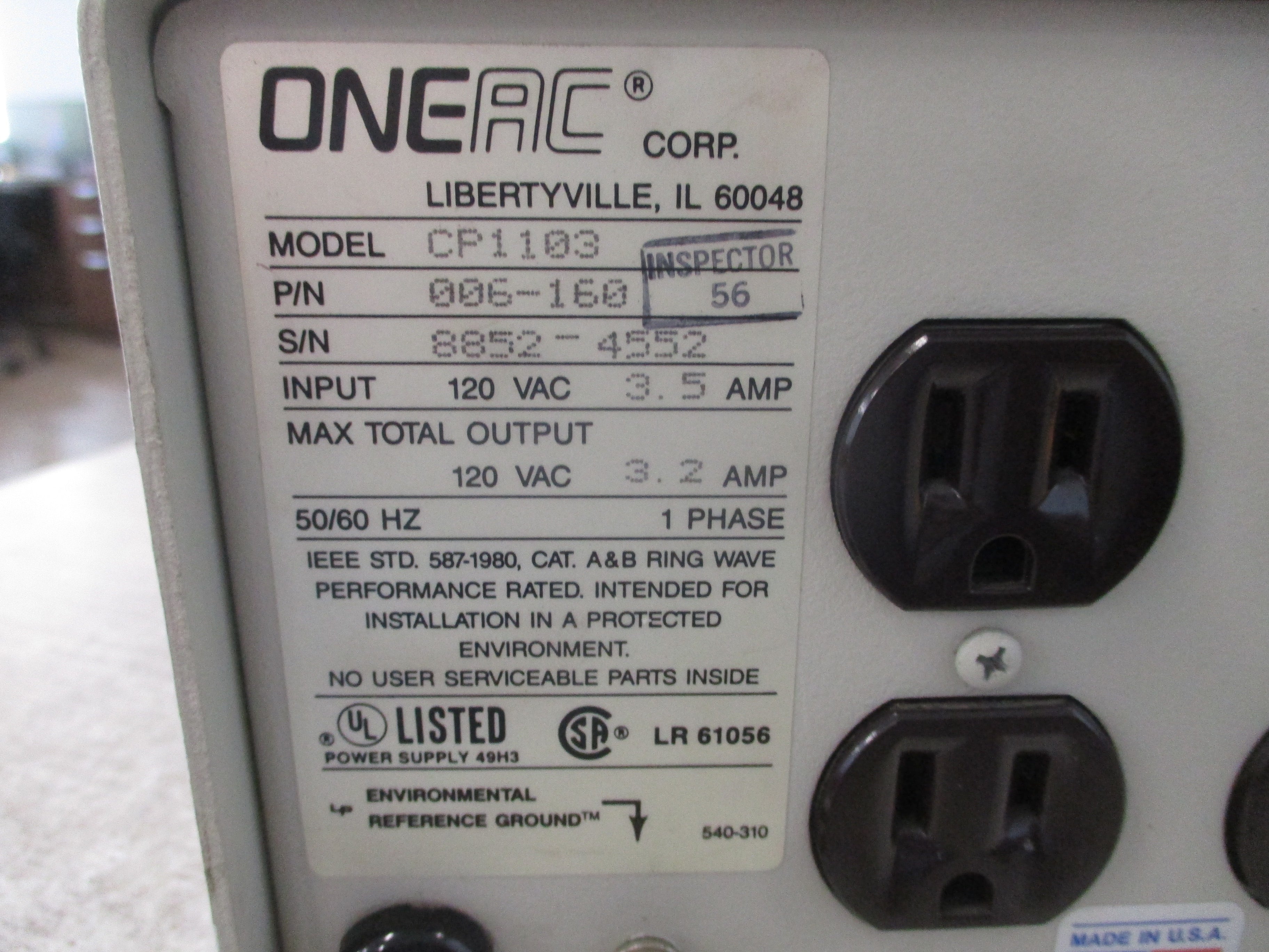 ONEAC CP1103 Power Line Conditioner 006-160 Input: 120VAC 3.5A Output: 120VAC 3.2A 50/60Hz 1Ph *No Power Cord* Used