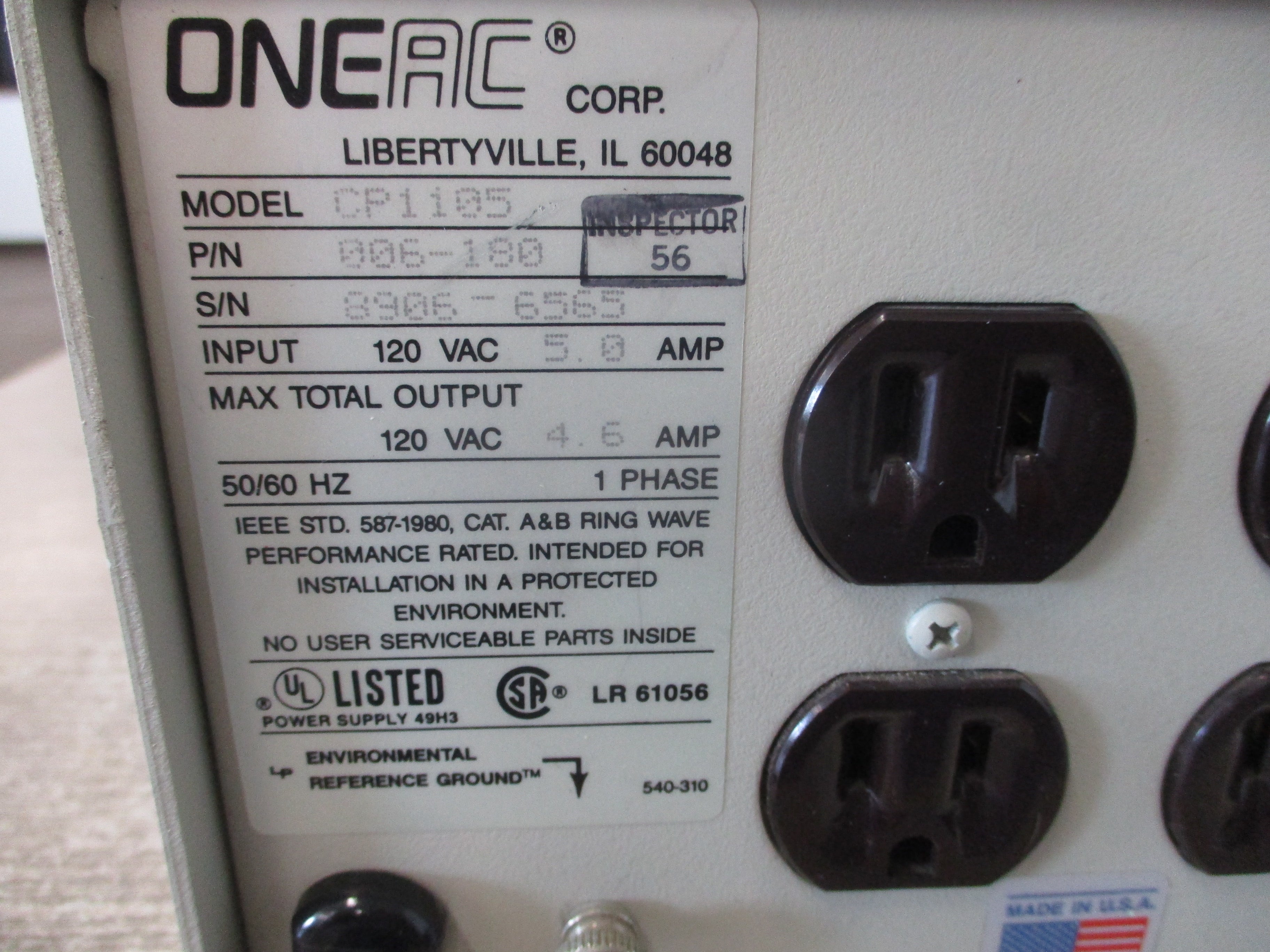 ONEAC CP1105 Power Line Conditioner 006-180 Input: 120VAC 5.0A Output: 120VAC 4.6A 50/60Hz 1Ph *No Power Cord* Used