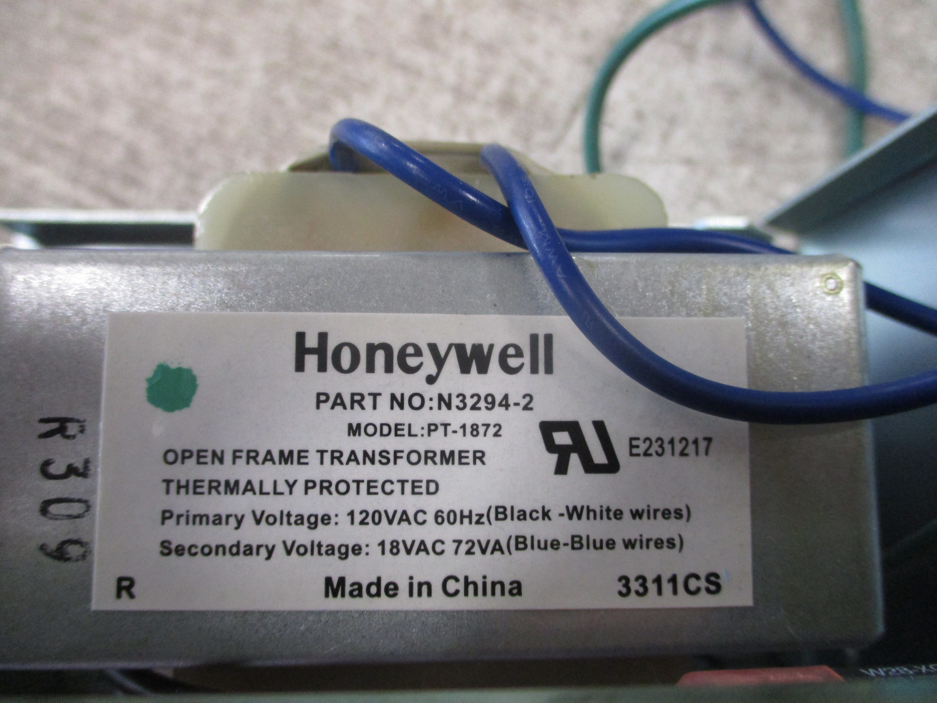 Honeywell PT-1872 Open Frame Transformer N3294-2 72VA Pri: 120V Sec: 18V 60Hz Used